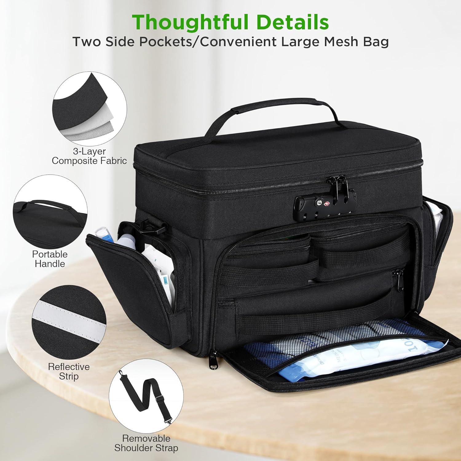 Zannaki Medicine Bag with 3 Removable Pouches, First Aid Bags Empty with Combination Lock, Double Layers Pill Bottle Organizer with Shoulder Strap, Large Medication Travel Storage for Medical Supplies