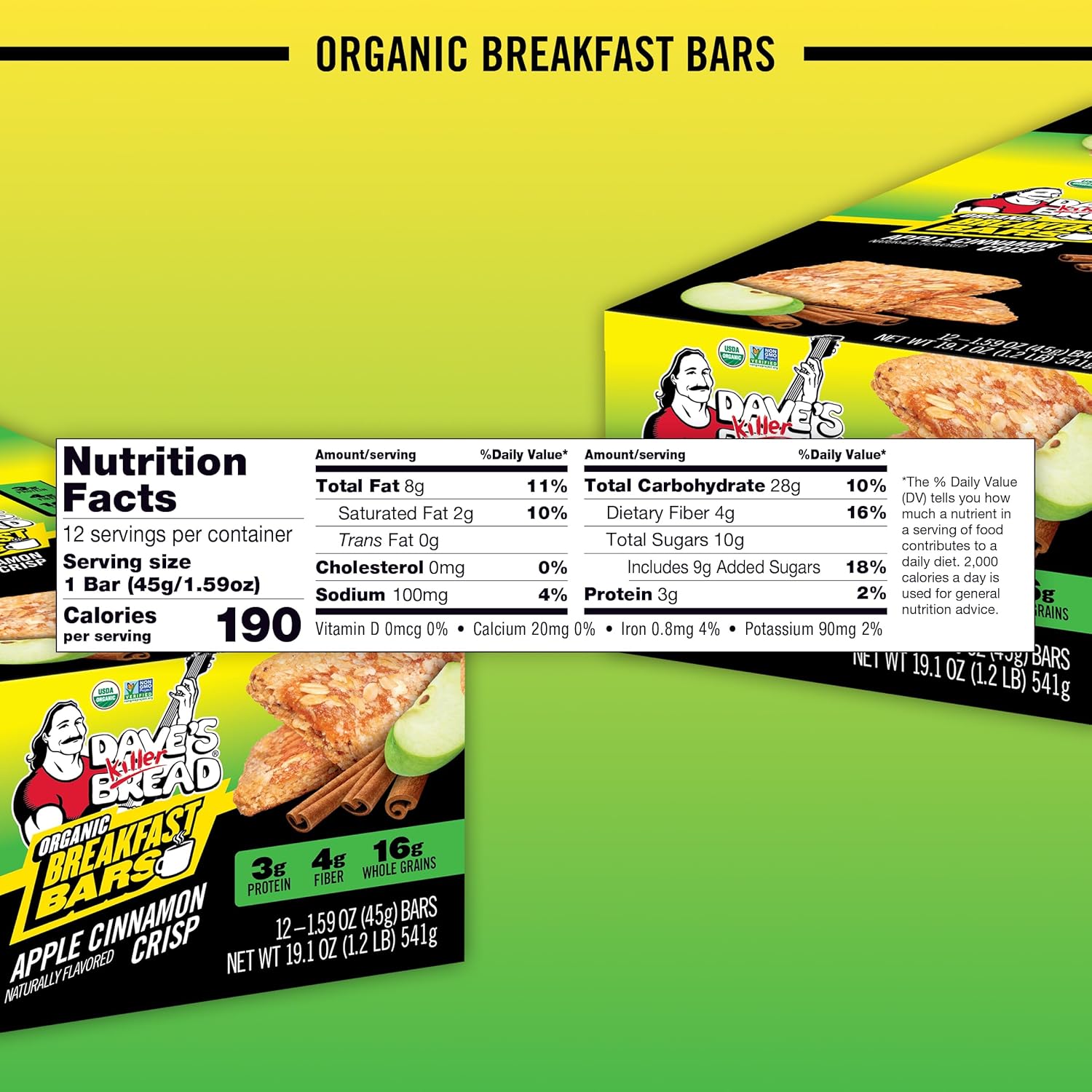 Dave's Killer Bread Apple Cinnamon Crisp Naturally Flavored Organic Breakfast Bars, 12 Count