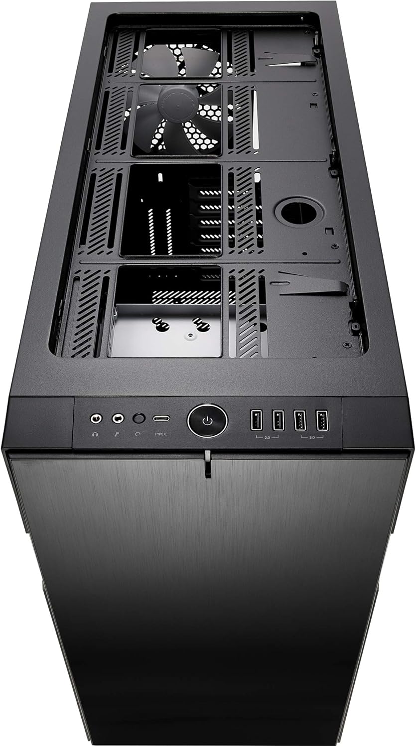 A dalt view of the Fractal Design Define R6 USB-C TG case with ModuVent panel removed, showing fan mounts
