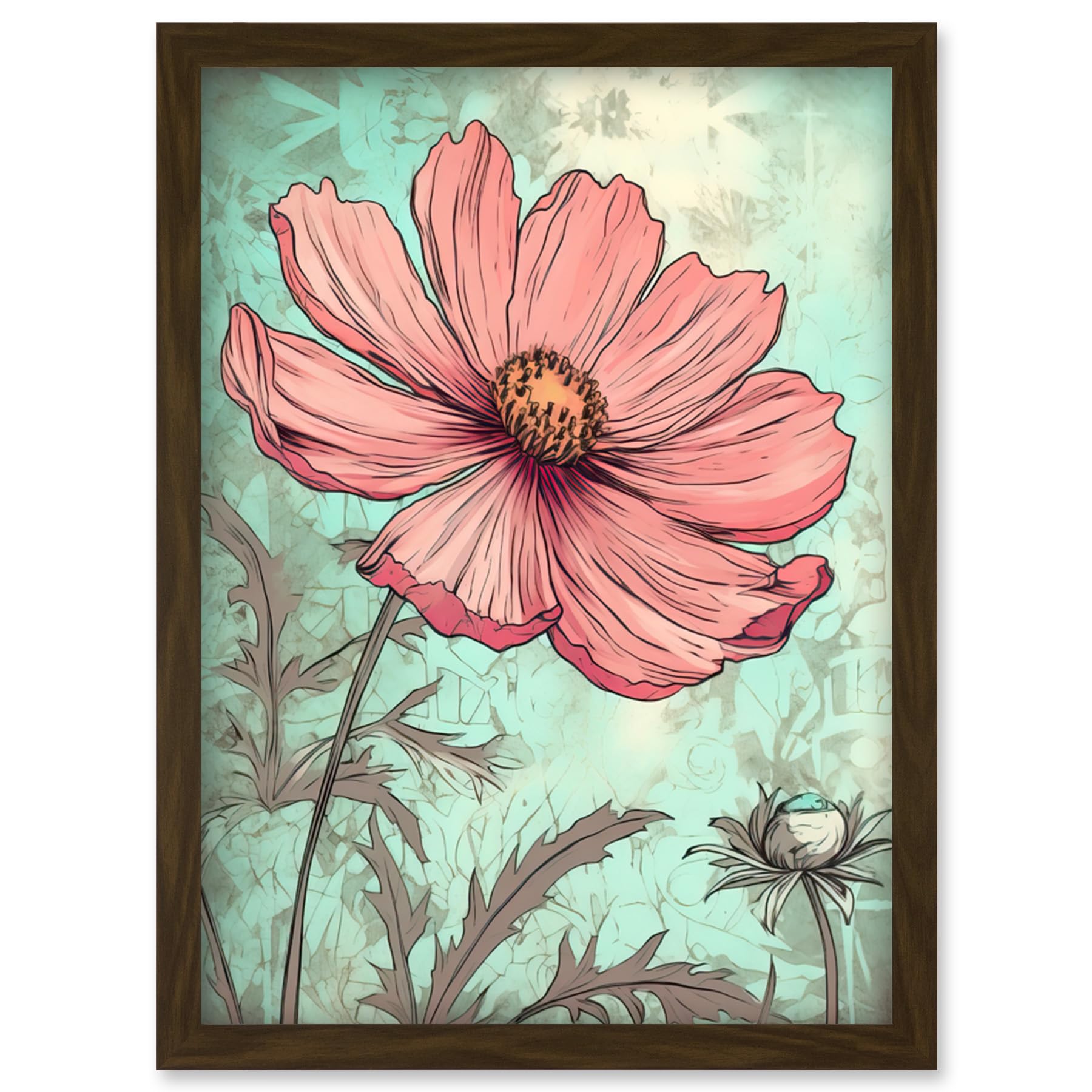 Artery8 Cosmos Flower Bloom Soft Pink and Teal Watercolour Artwork Framed Wall Art Print A4