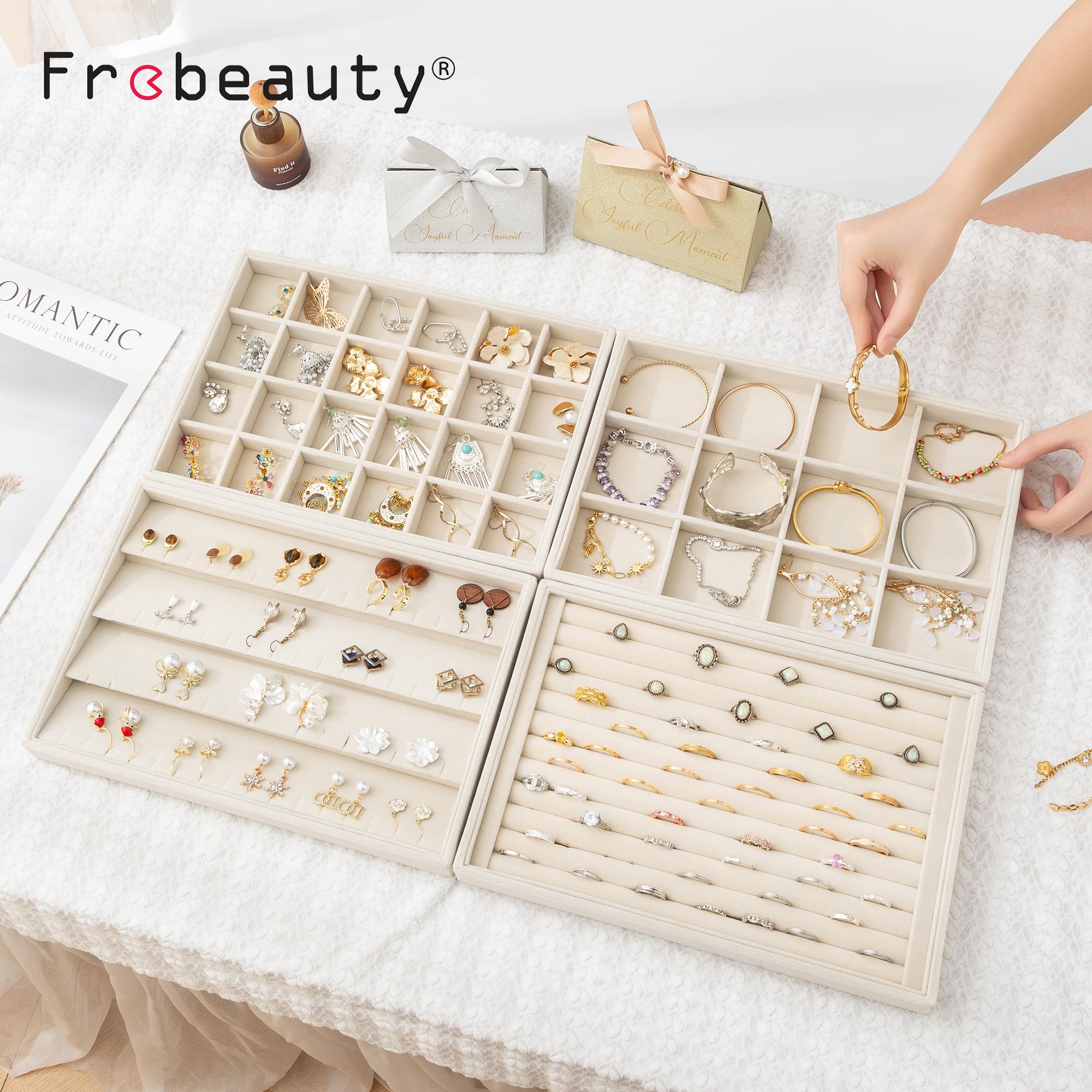 Frebeauty Organizadores de joyas apilables en terciopelo, set de 4 | Bandeja para joyas para cajones: almacenamiento apilable para pendientes (tipo botón), pulseras, collares y anillos
