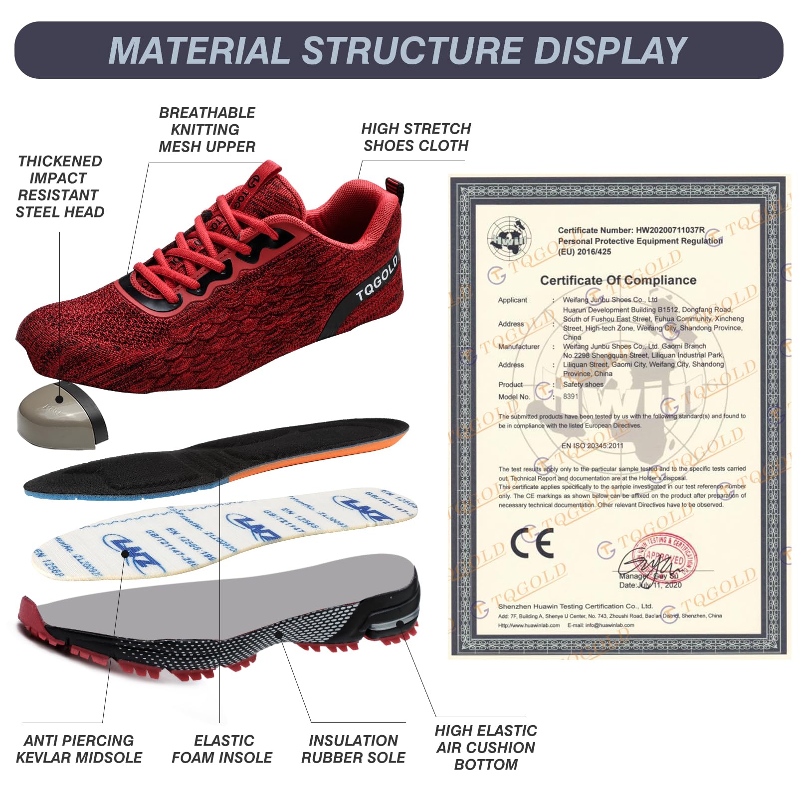 TQGOLD Scarpe Antinfortunistiche Uomo Leggere Comodo Donna Scarpe da Lavoro con Punta in Acciaio Ammortizzazione Traspiranti Antiscivolo Scarpe Protettive Industriali