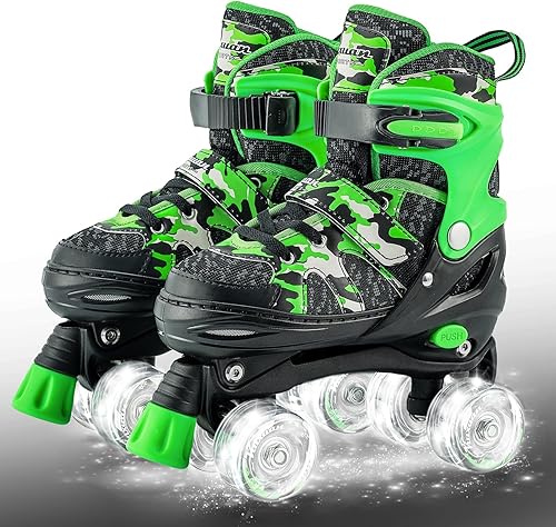 Kuxuan Skates Boys and Girls Camo Adjustable Roller Skates with Light up Wheels, Fun Illuminating Rollerskate for Kids Girls Youth Verde,negro (Camo