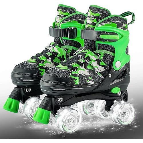 Kuxuan Skates Boys and Girls Camo Adjustable Roller Skates with Light up Wheels, Fun Illuminating Rollerskate for Kids Girls Youth