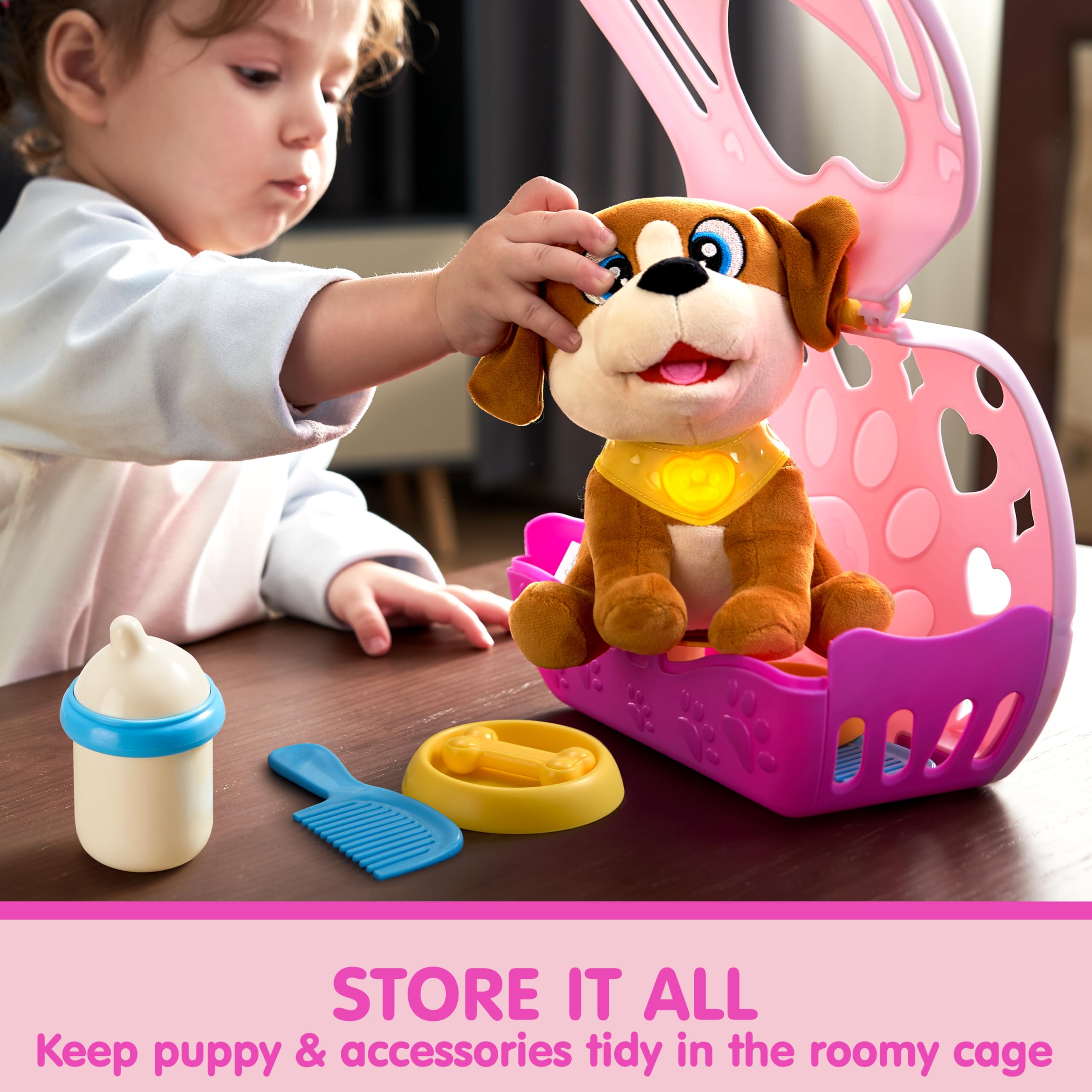 JOYIN Juguetes de peluche para perros para niños, juguete interactivo para cachorros con luces y sonidos, juguetes para el cuidado de mascotas con transportador y accesorios, juego de simulación para