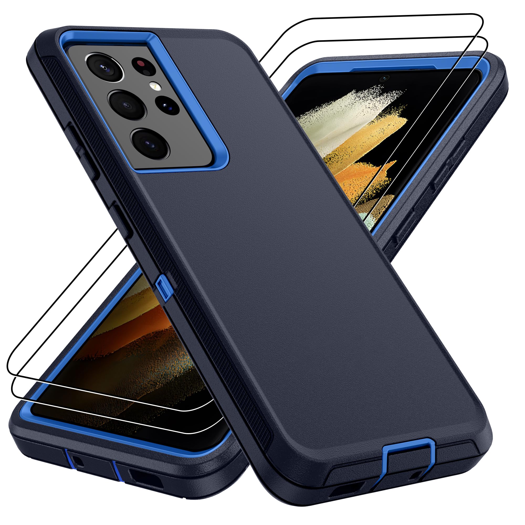 For Samsung Galaxy S21 Ultra Case : 3 in 1 Design & 14FT Military Grade Drop Protection Phone Case with 2Pc HD Screen Protector,Shockproof/Dustproof/