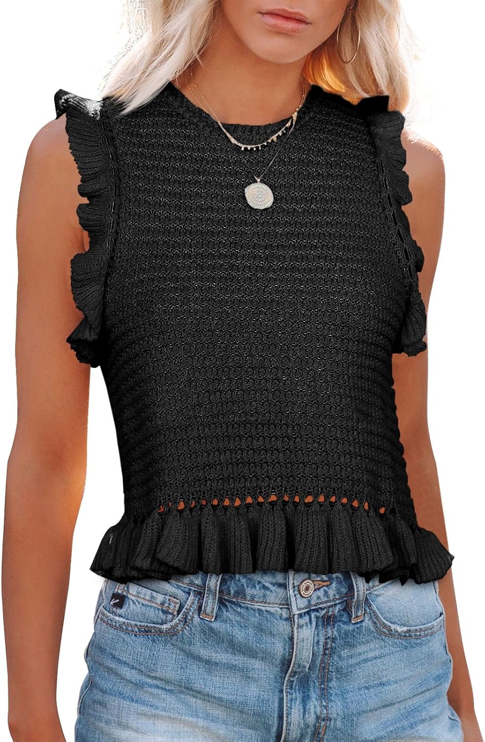PiePieBuy Women's Summer Knit Tank Tops Crew Neck Sleeveless Cami Shirts Tees Ruffle Sweater Vest Black
