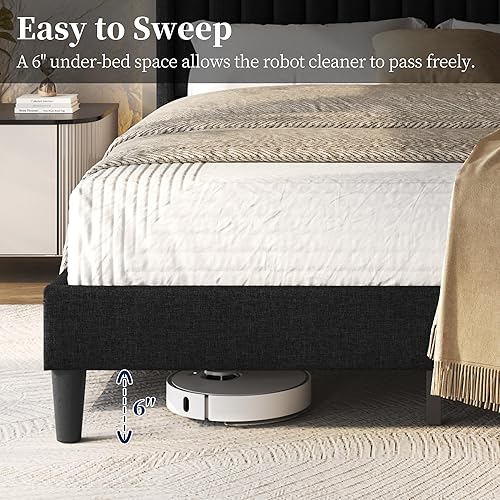 Miniatura 42 de Yaheetech - Base de cama matrimonial, plataforma tapizada con cabecera de borde ala, base de colchón de tela capitoné cuadrada, soporte de listones