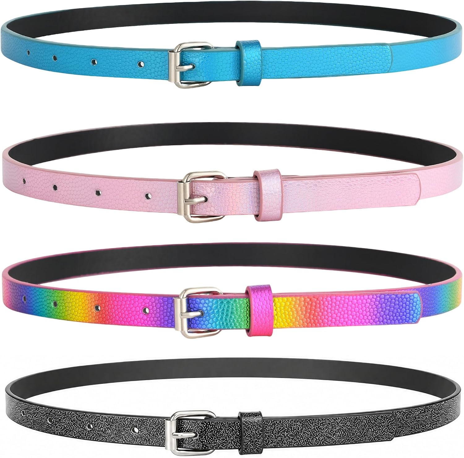 Girls Belt 4-Pack, Kids Belts for Girls,for Ages 3-15 | Silver Metallic+Rainbow Snake Skin+Black Matte+Pink Glitter,Adjustable Roller Buckle,Suit for School, Casual,Party Outfit
