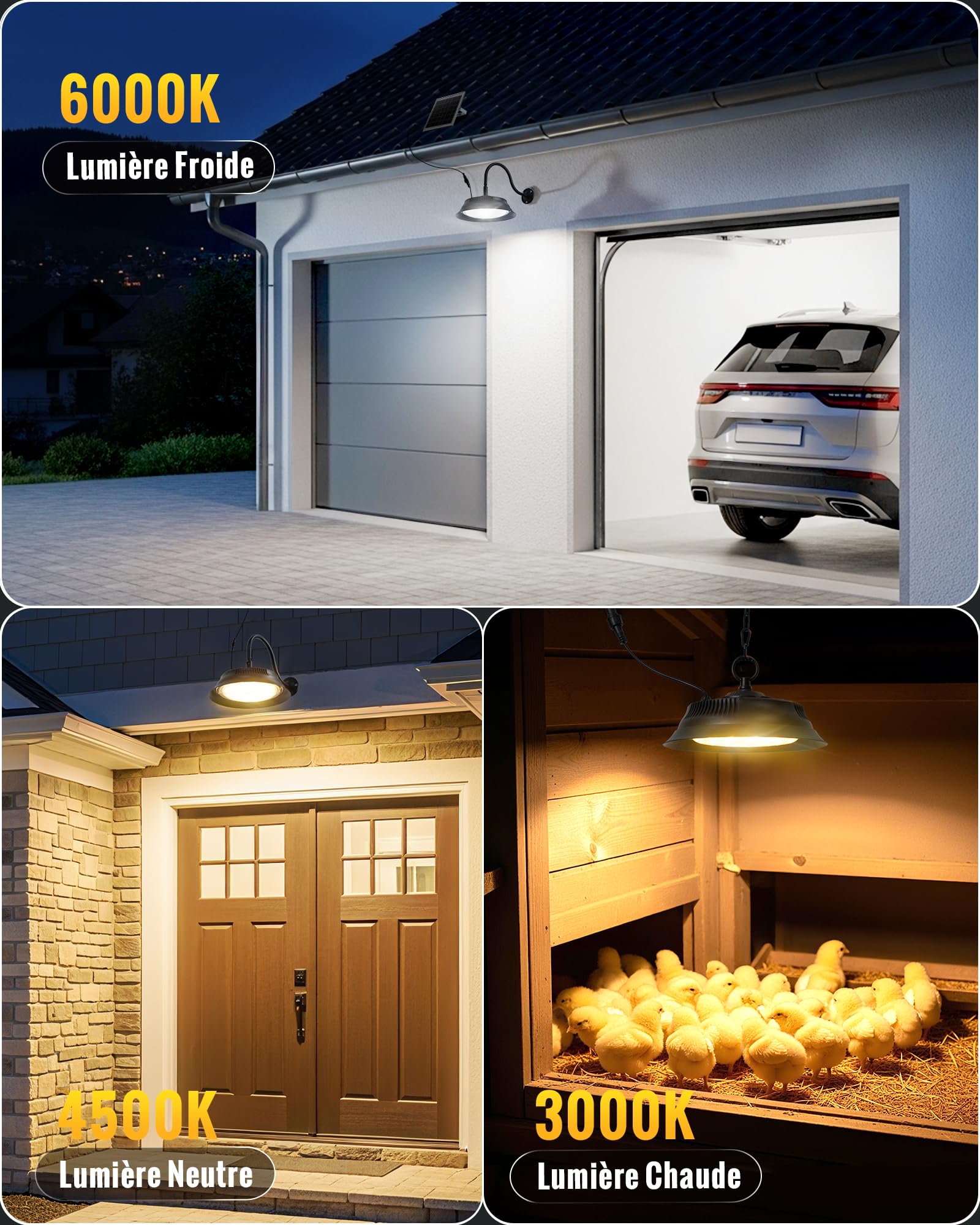 Lampe Solaire Extérieure Intérieure avec Télécommande Minuterie, 3 Températures de Couleur, Luminosité Réglable 5000mAh Installation Murale Suspension pour Jardin Allée Garage Pergola