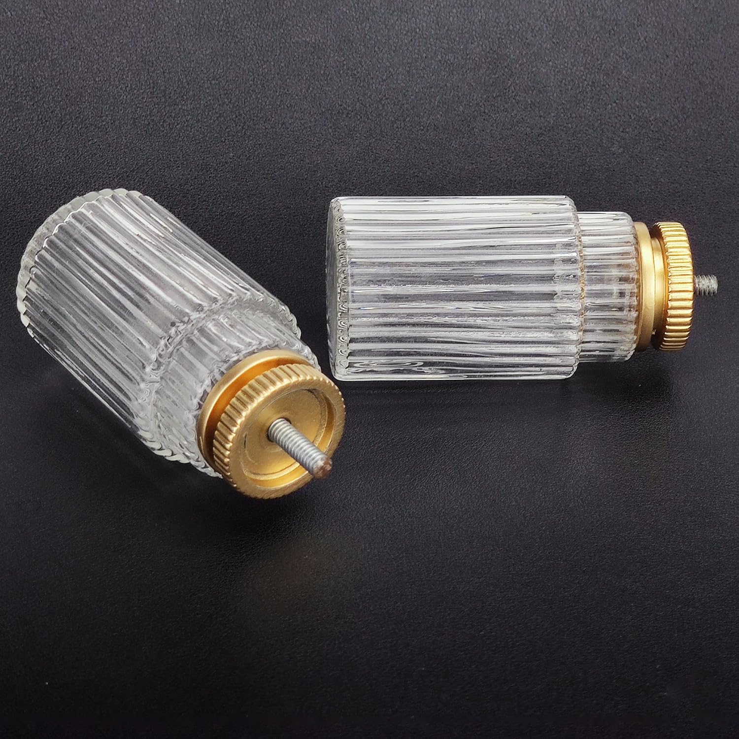 Decorative Curtain Rod Finials, Ribbed Glass Finials with Gold Base, Set of 2, Compatible with 1 inch or 1-1/8 inch Dia Curtain Rod, Standalone Finial Pair