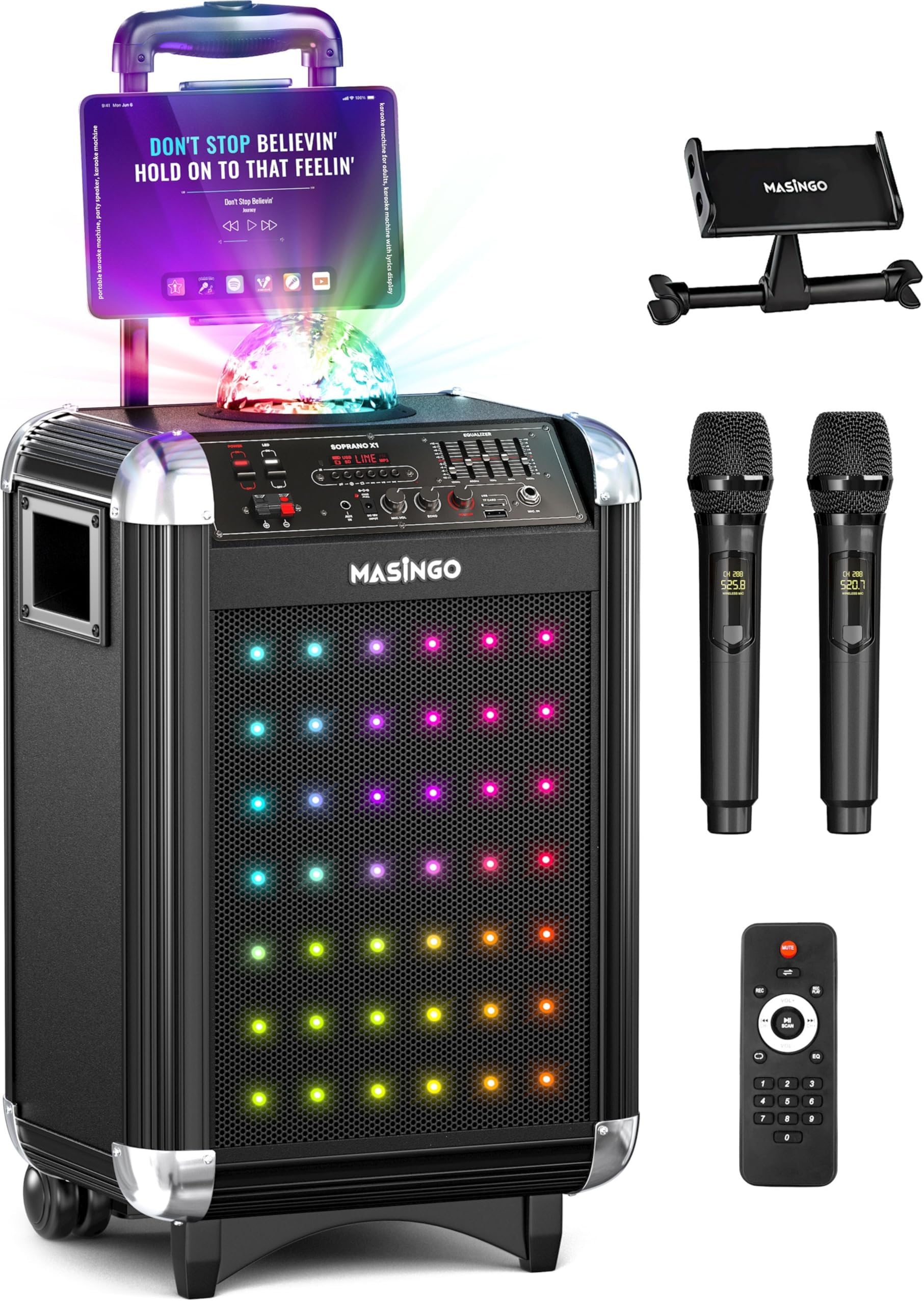 Karaoke Machine for Adults and Kids with 2 Bluetooth Wireless Microphones. Portable Singing PA Speaker System with Disco Ball Lights, Lyrics Display Tablet Holder & TV Cable. Soprano X1 2.0
