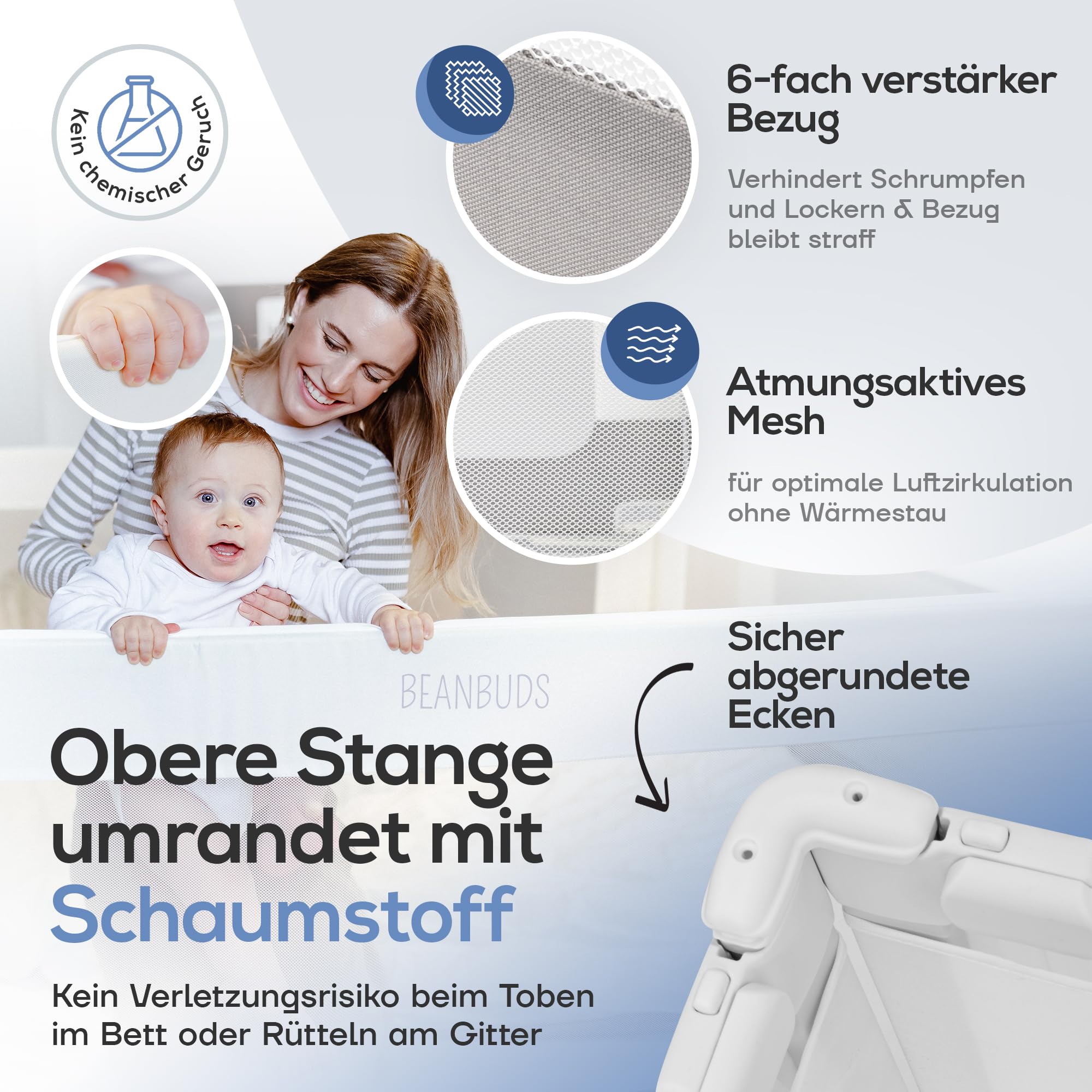 BEANBUDS® Bettgitter Rausfallschutz 200cm [1 Seite], Grau | Bettschutzgitter Lattenrost & Boxspringbett, Baby Gitterschutz Elternbett & Kinderbett, inkl. extra Gurt, Bett Fallschutz