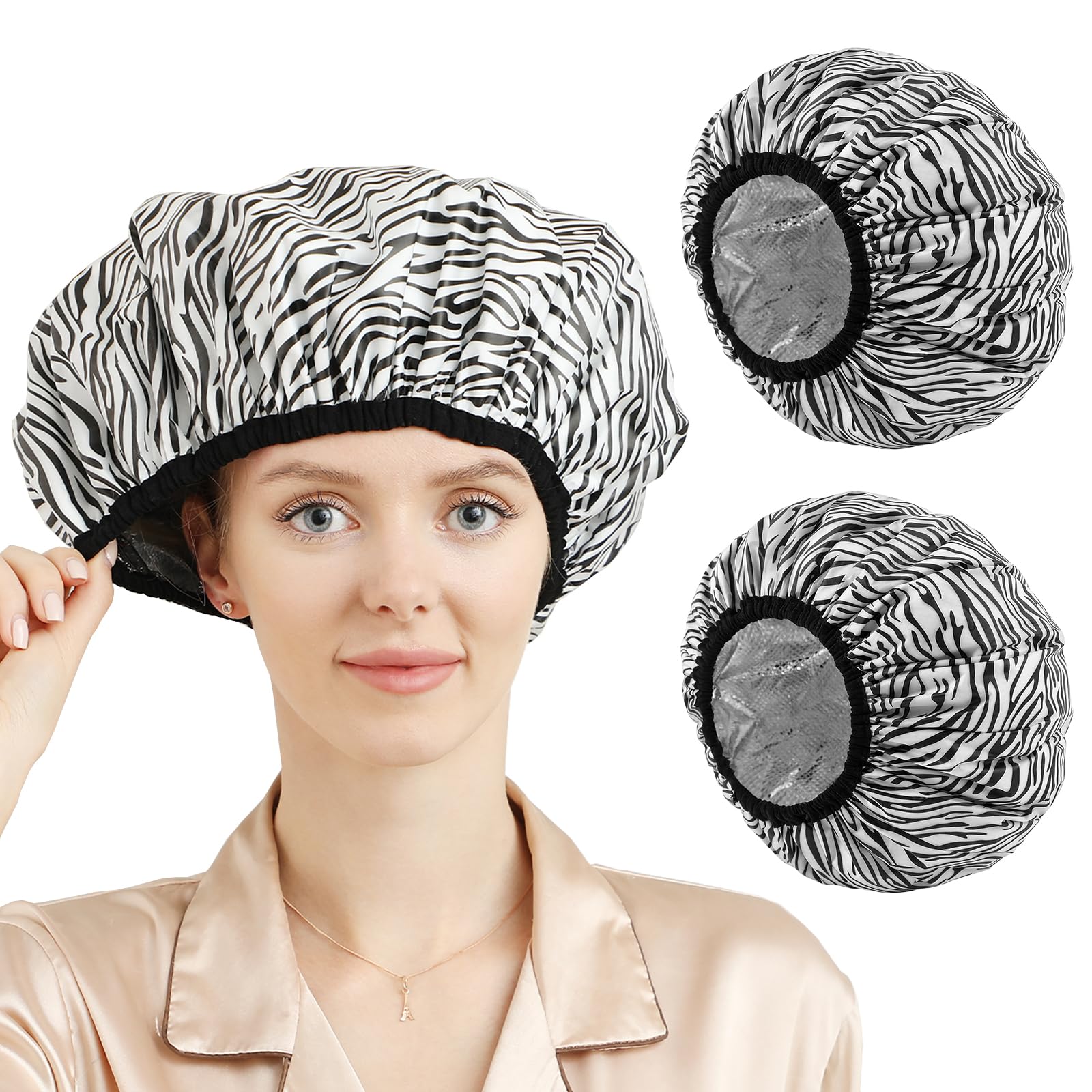 YIZIJIZI 2 Pieces Heat Cap for Deep Conditioning, Conditioning Cap Made of Aluminum Foil for Home and Salon Use, Hair Dyeing（Black white stripes）