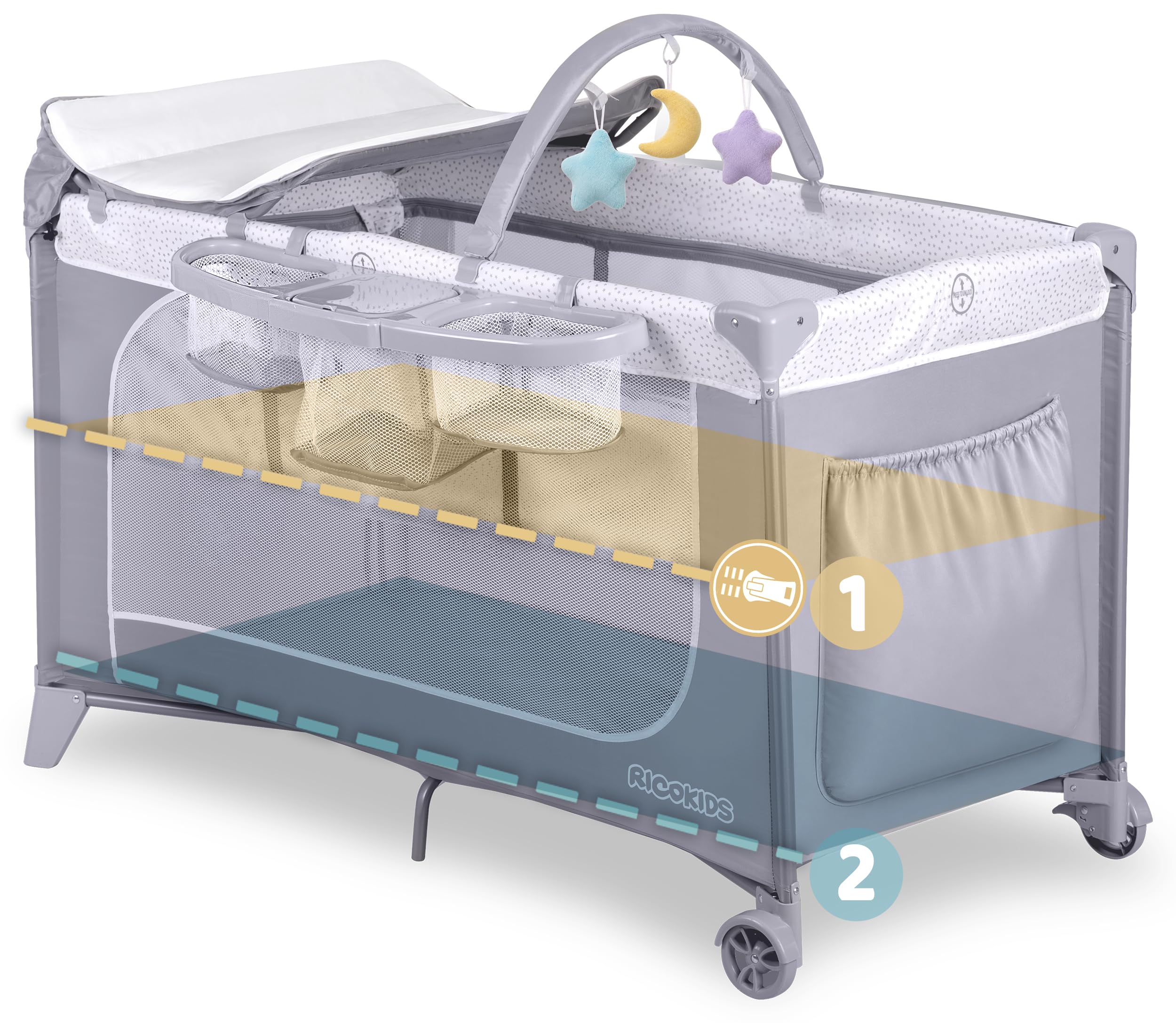 Ricokids Łóżeczko turystyczne dla niemowląt z materacem 123,5 x 65 x 76 cm do 15 kg 2 koła z hamulcami Szare