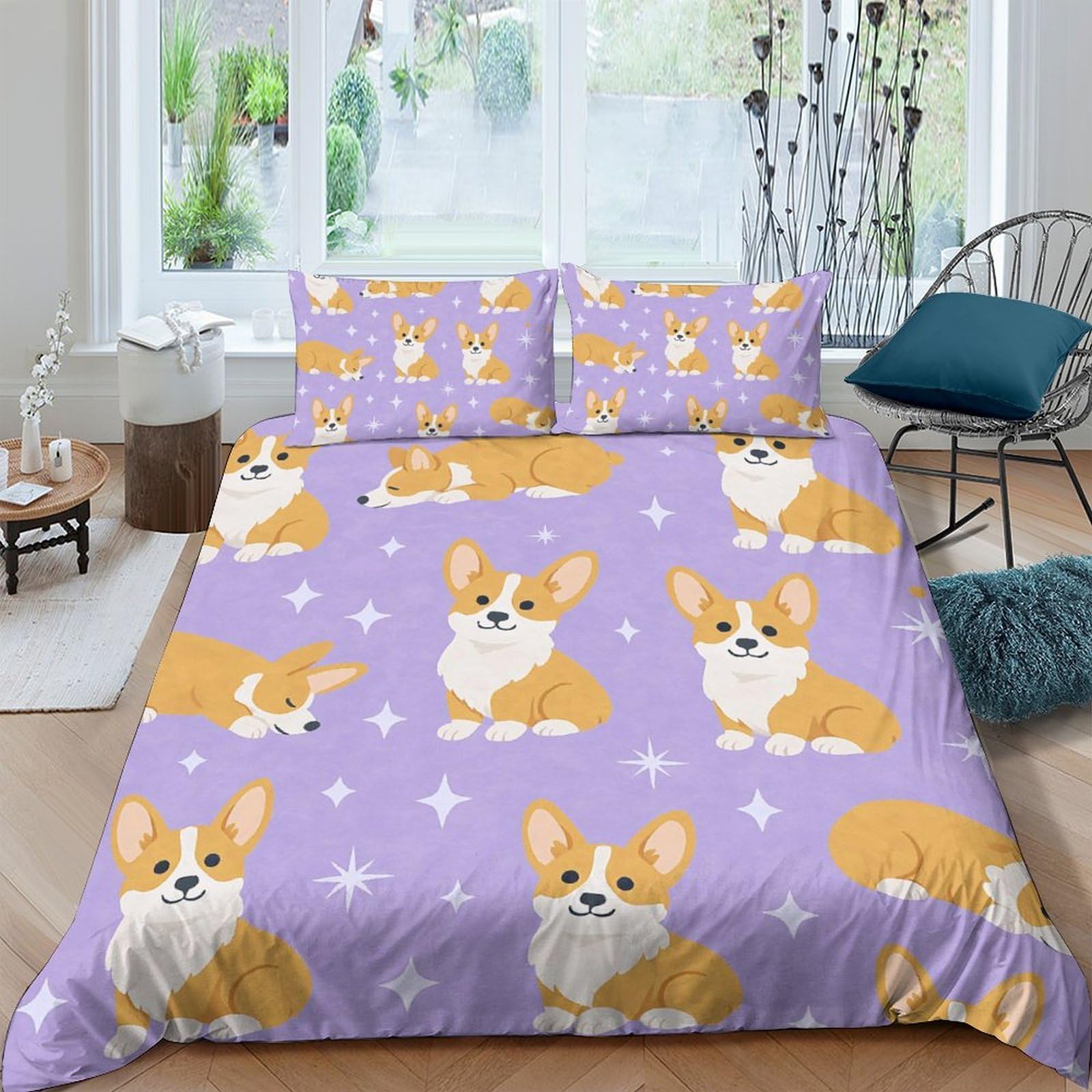 Ctjqhvkz Style-4 3D Printed Corgi Dog Fitted Sheet Microfiber Soft Purple Cartoon Star Mattress Cover For Bedroom Guest Room Decor Single（135X200cm）