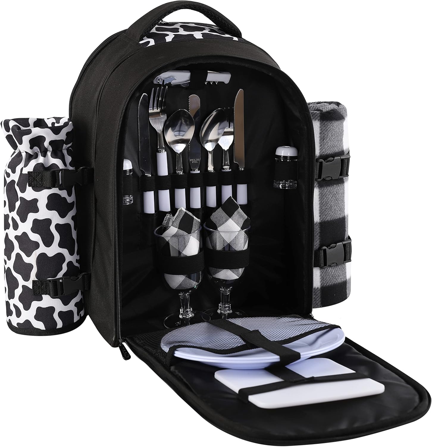 apollo walker Picnic Backpack Bag for 2 Person with Cooler Compartment, Detachable Bottle/Wine Holder, Fleece Blanket, Plates and Cutlery Set (2 Person, Black) - Image 4