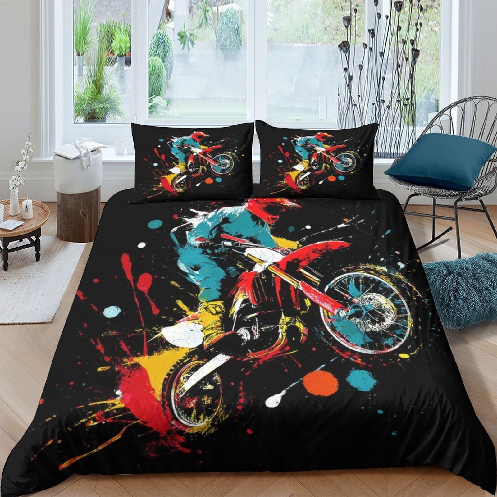 Ctjqhvkz Style-7 3D Printed Graffiti Motorcycle Fitted Sheet Microfiber Colorful Splash Bed Cover For Bedroom Dorm Mattress Decor Single（135X200cm）