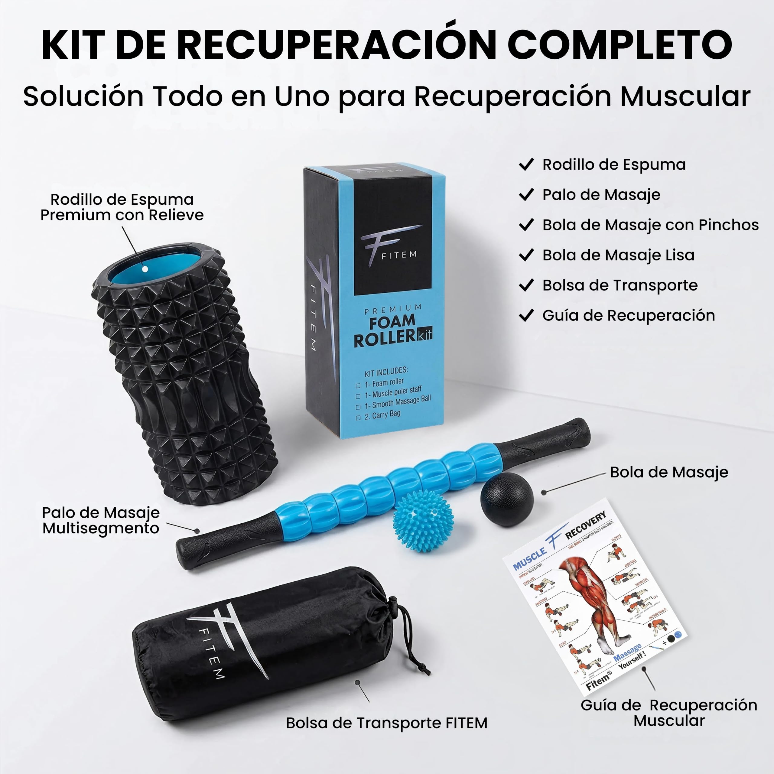 Fitem Set de rodillos de masaje Foam Roller, rodillo para espalda y músculos, ayuda a aliviar dolor de espalda, molestias musculares y puntos gatillo, favorece recuperación y bienestar