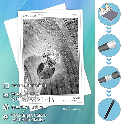 Miniatura 2 de Arte de pared vintage de bola de discoteca en blanco y negro de los años 70, música estética, divertida, pósteres de lienzo para fiesta, galería de