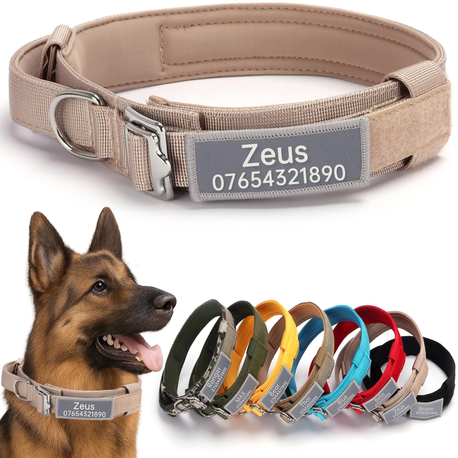 SEOUGEE Tactical Dog Collar Personalised with Handle, Soft Padded Dog Collars with Custom Reflective Name Patch, Adjustable Collars with Portable Buckle for Medium Large Dogs Training (Beige, XL) — image 1