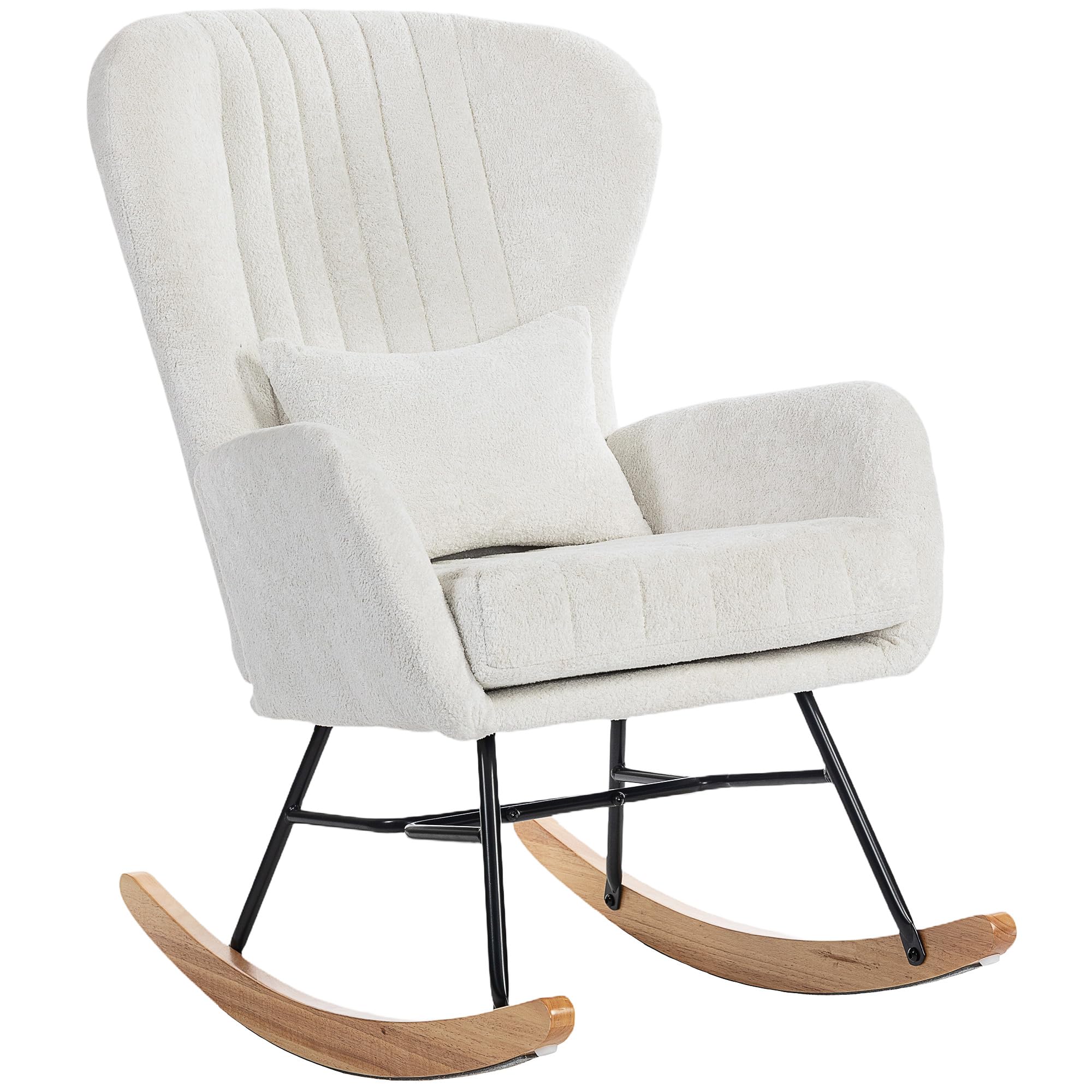 HOMCOM Fauteuil à Bascule, Rocking Chair en Velours, Chaise à Bascule avec Coussin, Assise rembourré, Dossier Haut, accoudoirs, Pieds en Acier et Base en Bois d'hévéa, pour Salon, Chambre, Blanc