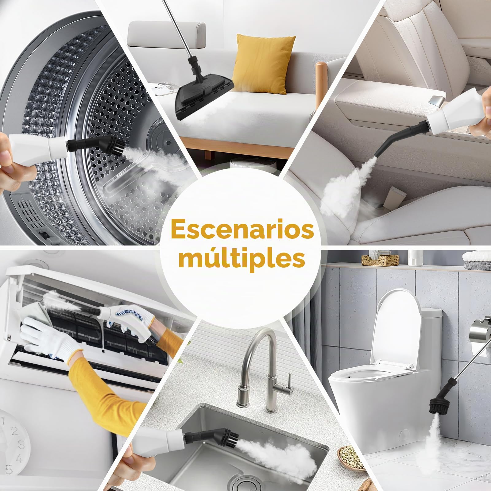 Limpiador de Vapor 2500W Alta Presión 1100ml Portátil con 3 Cabezales de Cepillo Blanco