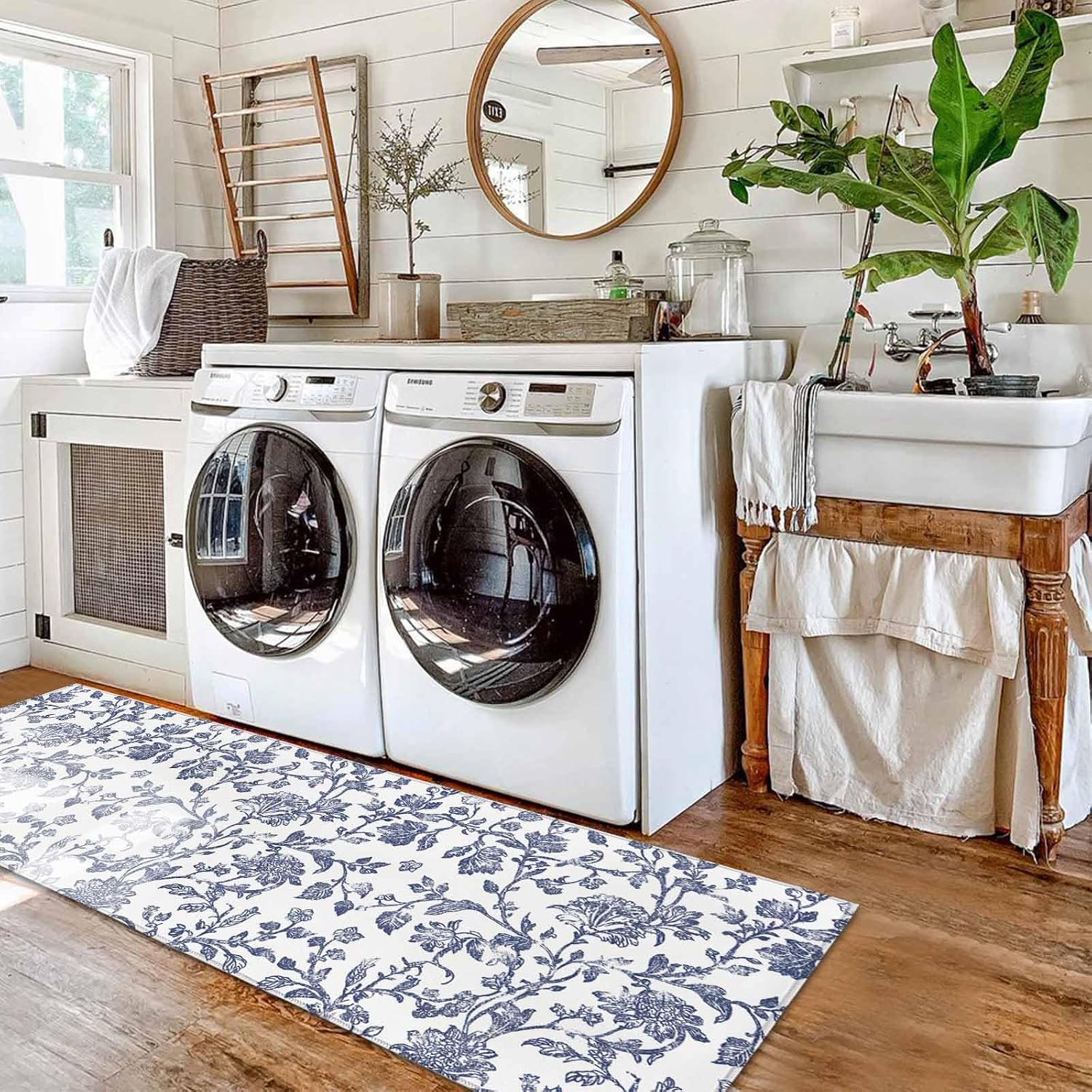 Kitchen Mats for Floor Watercolor Dark Blue Flower Washable Non Slip Kitchen Rugs 2PCS, Retro Pastoral Floral Texture Absorbent Standing Mats for Sink Office Living Room 15.7x23.6in+15.7x47.2in