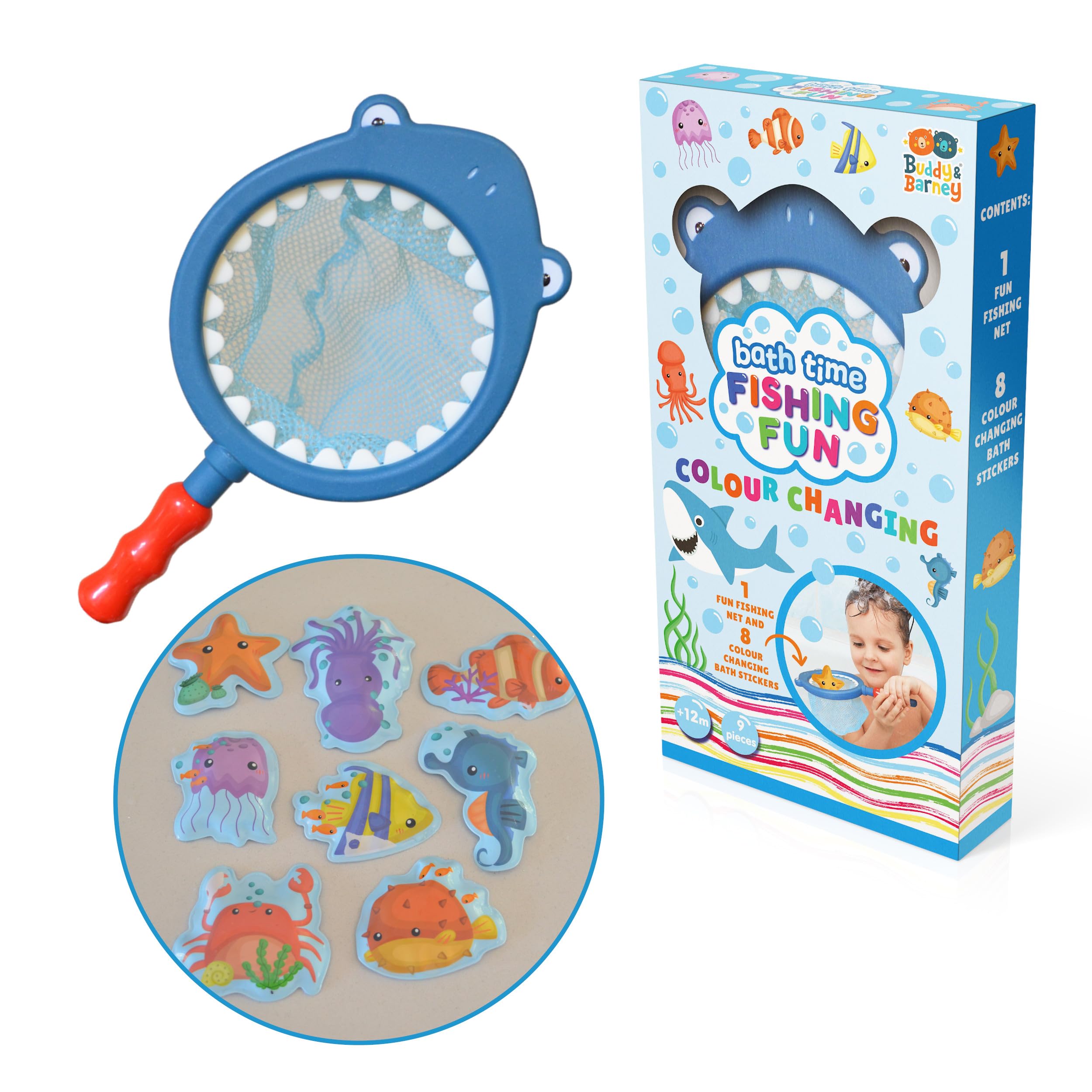 Buddy & Barney Bath Time Fishing Fun | Colour Changing Bath Stickers, Unisex Children's Bath Toys, Sea Creatures Toys, Novelty Gifts