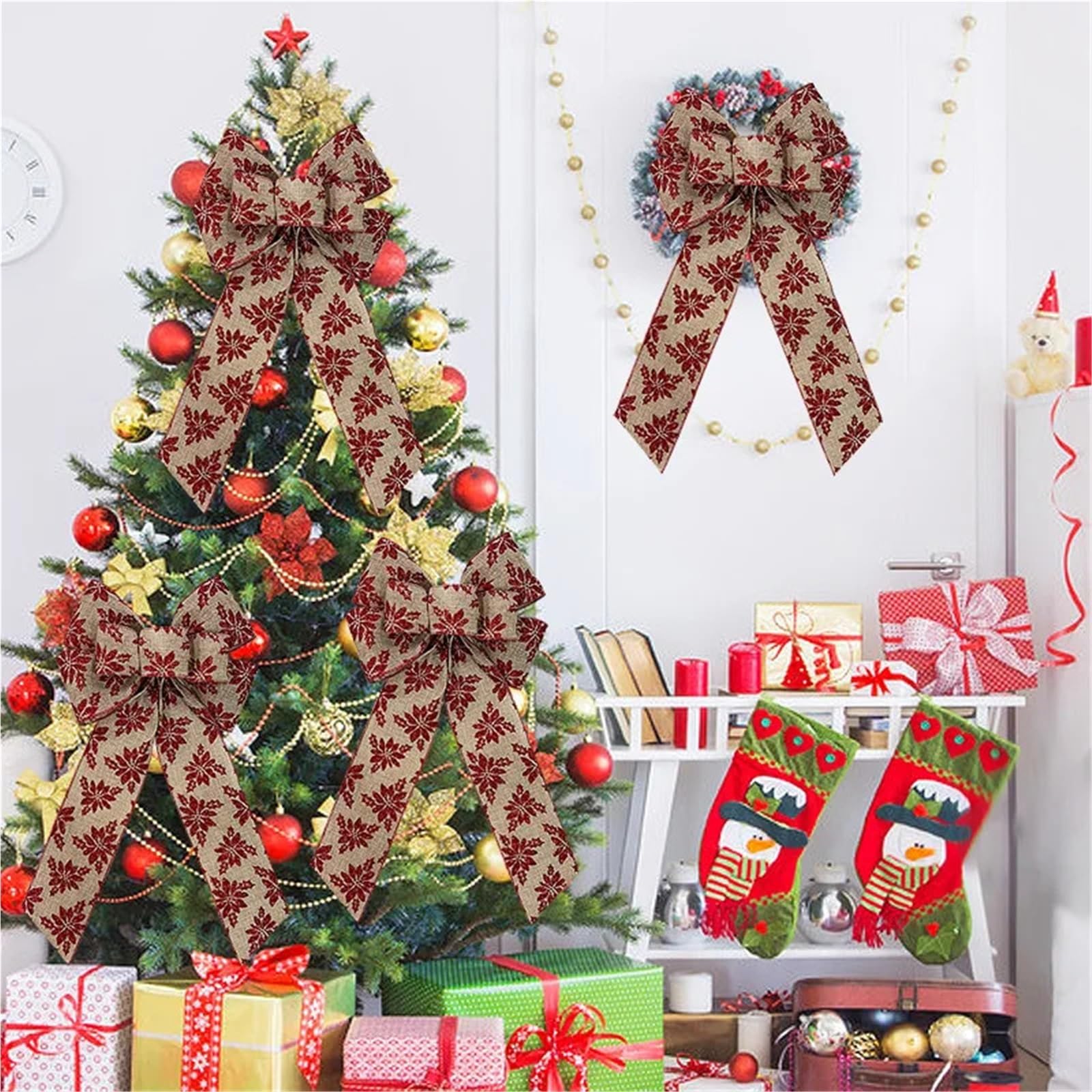 Schleifen Weihnachten 5 Stück rote Glitzerpuder-Holly-Dekorationen, Schleife, Overlock-Draht, Leinen, Schleifen