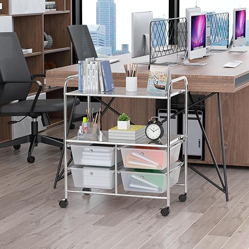 Miniatura 8 de RELAX4LIFE Carrito de almacenamiento con cuatro cajones, ruedas y dos estantes, marco de acero estable para oficina, hogar, almacenamiento de