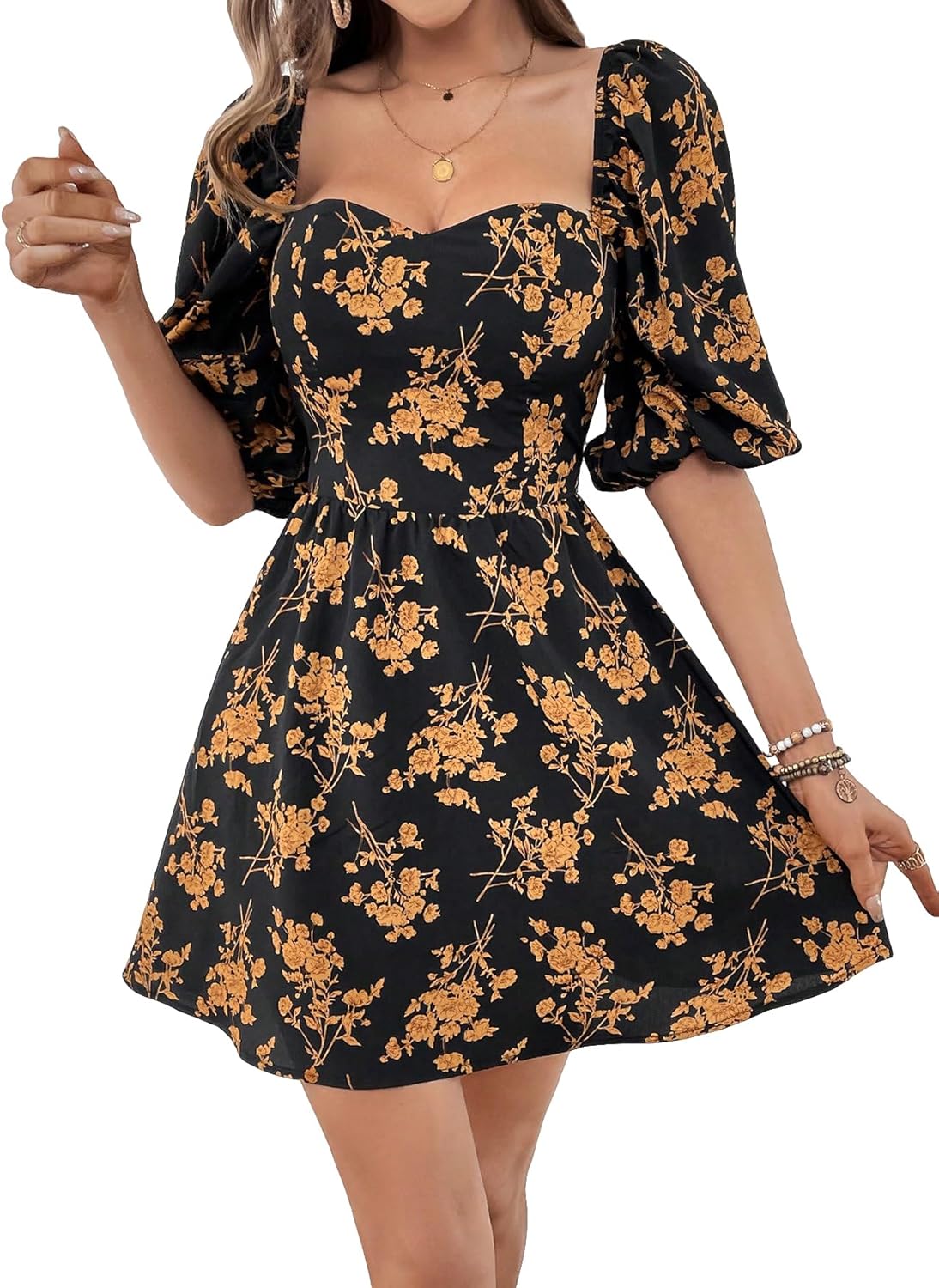 Floral Print Smocked Sweetheart Mini Dress