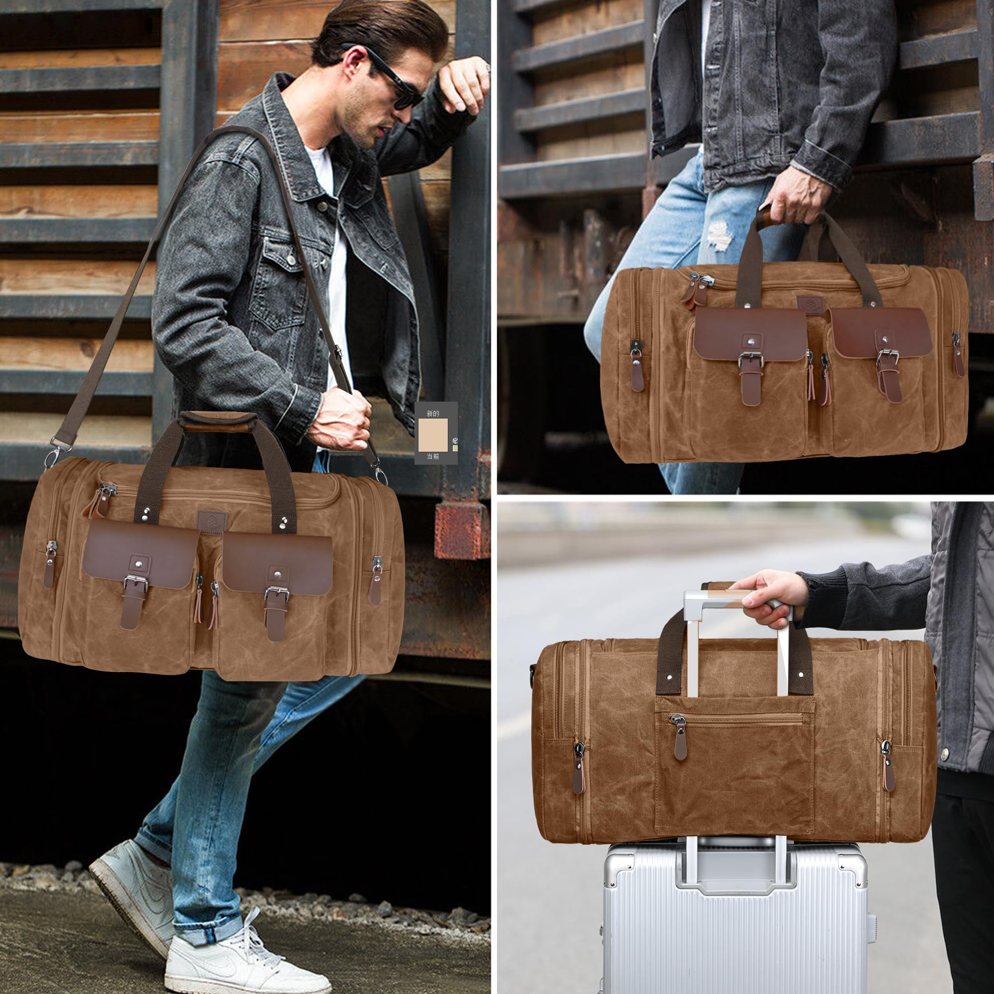 Bolsa de viaje de 60 litros, bolsa de lona expandible de piel auténtica, bolsa de viaje mejorada para fin de semana, marrón, (Vintage Dark Brown), Large-50L, Classic