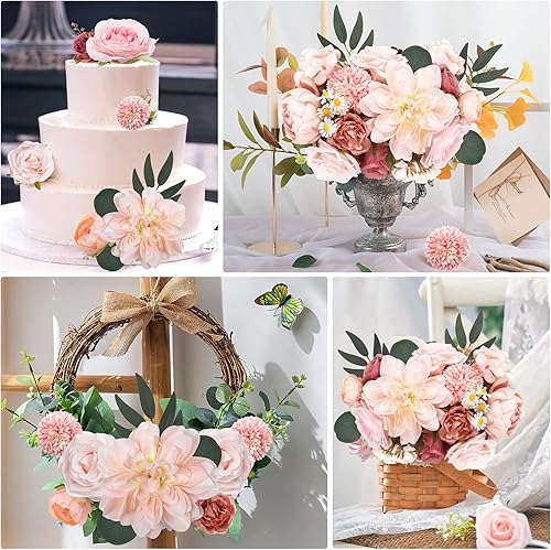 Miniatura 4 de AmyHomie Combo de flores artificiales rosadas, mezcla de seda, peonía, rosa, hortensia, margarita, flores falsas con tallo para ramos de boda,