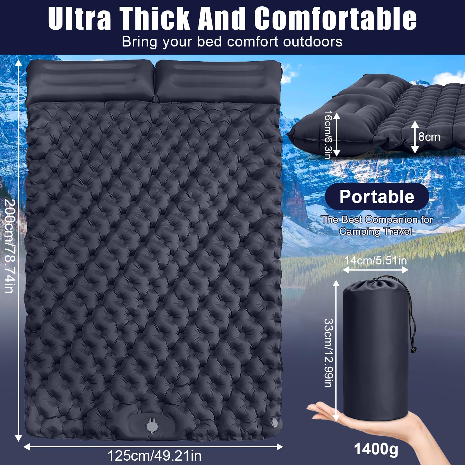 Matelas Camping 2 Place,200 x 125 cm,Tapis de Sol Camping élargi et épaissi,Pneumatique avec Pompe à air à Pédale,Matelas Ultra-Léger et Portable,Idéal pour La Plage,La Randonnée - 4