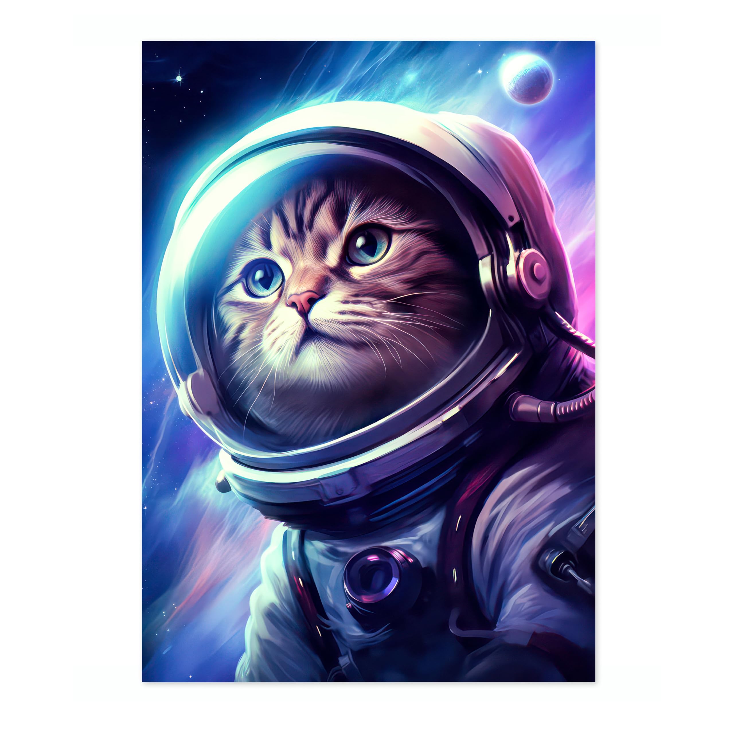 Space Cat Space Poster, Colourful Abstract Astronomy Wall Art Home Decor, Astronaut Planets Print, Archival Matte, A2 (Print Only) - 59.4x42cm