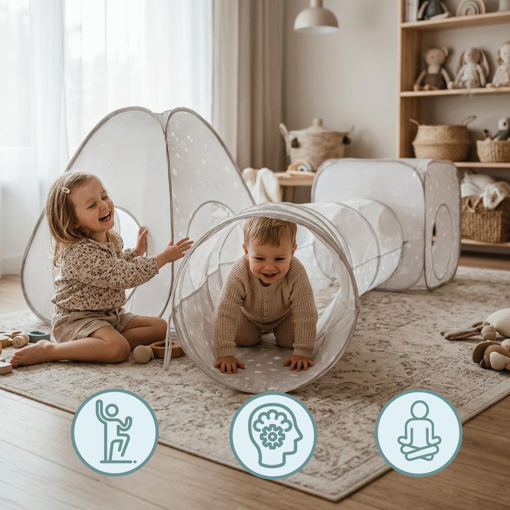mamabrum 3-in-1 Spielzelt Set für Kinder, Dreieckszelt mit Tunnel und Spielwürfel, Polyester, Grau mit weißem Muster, 80 × 80 × 86 cm, ab 36 Monaten, Indoor