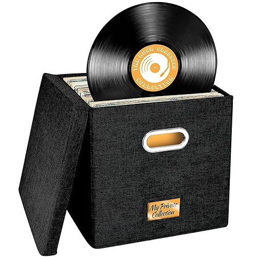 Aolawco 12-inch Vinyl Record Storage Box, Folding LP Storage Boxes Holds up to 80+ Single Records, CD Storage Case, Records Organizer for Albums, CDs, Passports - Black (Patented Design) - Cotton 1 Pcs