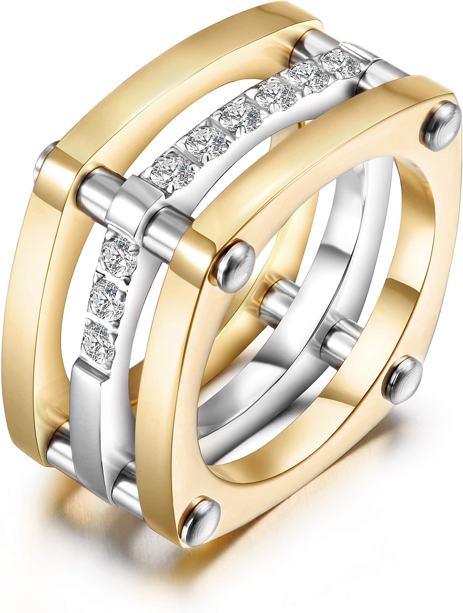 CIUNOFOR Square Chunky Cocktail Ring for Women, Gold Plated Stainless Steel CZ Statement Ring, Bold Wide Style, Sizes 6–11