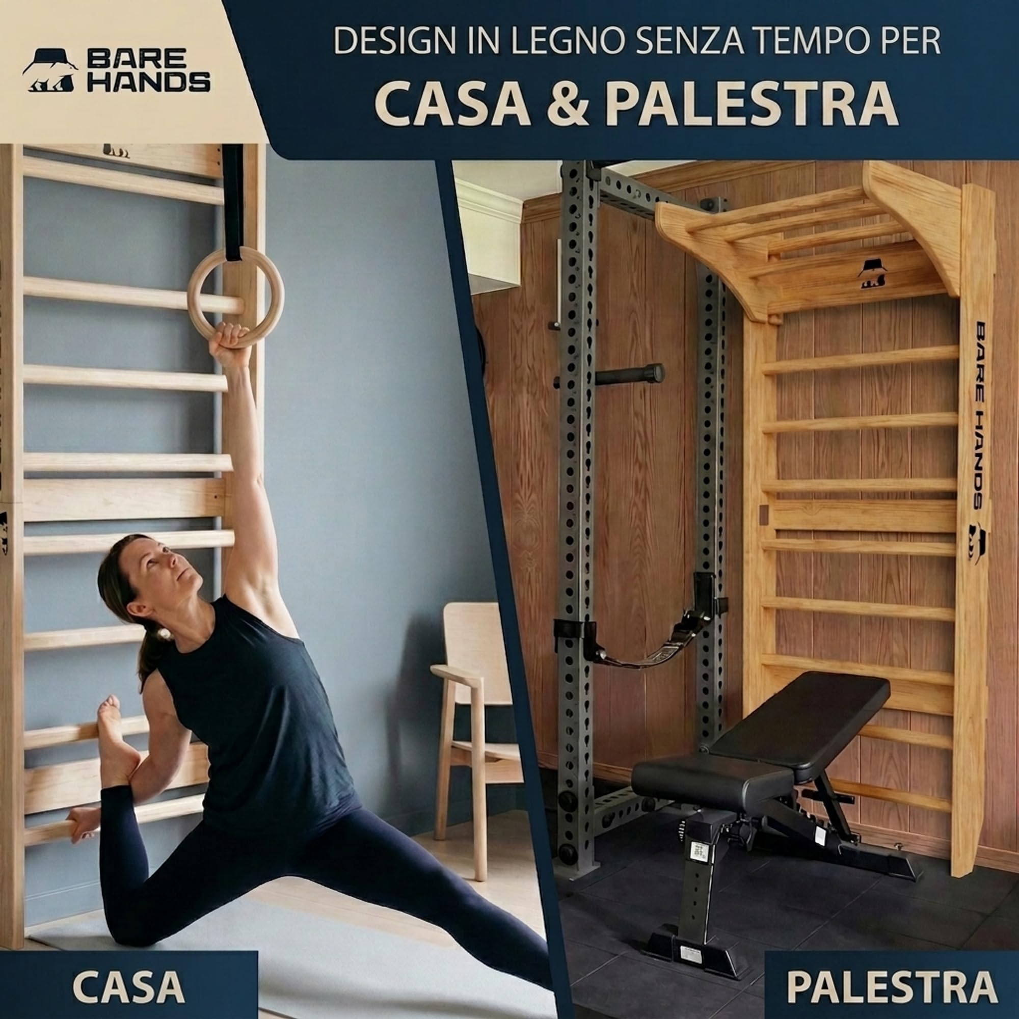 Bare Hands Spalliera Svedese in Legno per Adulti e Bambini – Parete da Ginnastica e Arrampicata Fino a 200 kg – Estremamente Robusta – Disponibile con o Senza Barra per Trazioni e Dip