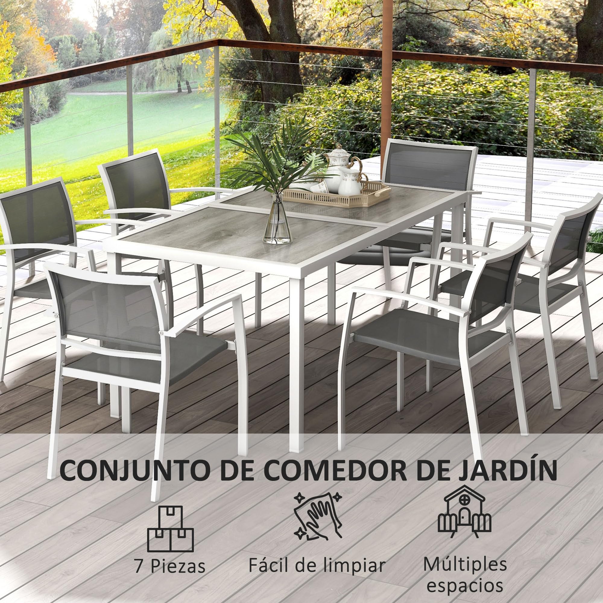 Outsunny Conjunto de Comedor de Exterior Juego de Comedor de Jardín de 7 Piezas con 6 Sillas Apilables y 1 Mesa Rectangular Estilo Moderno para Patio Terraza Blanco y Gris