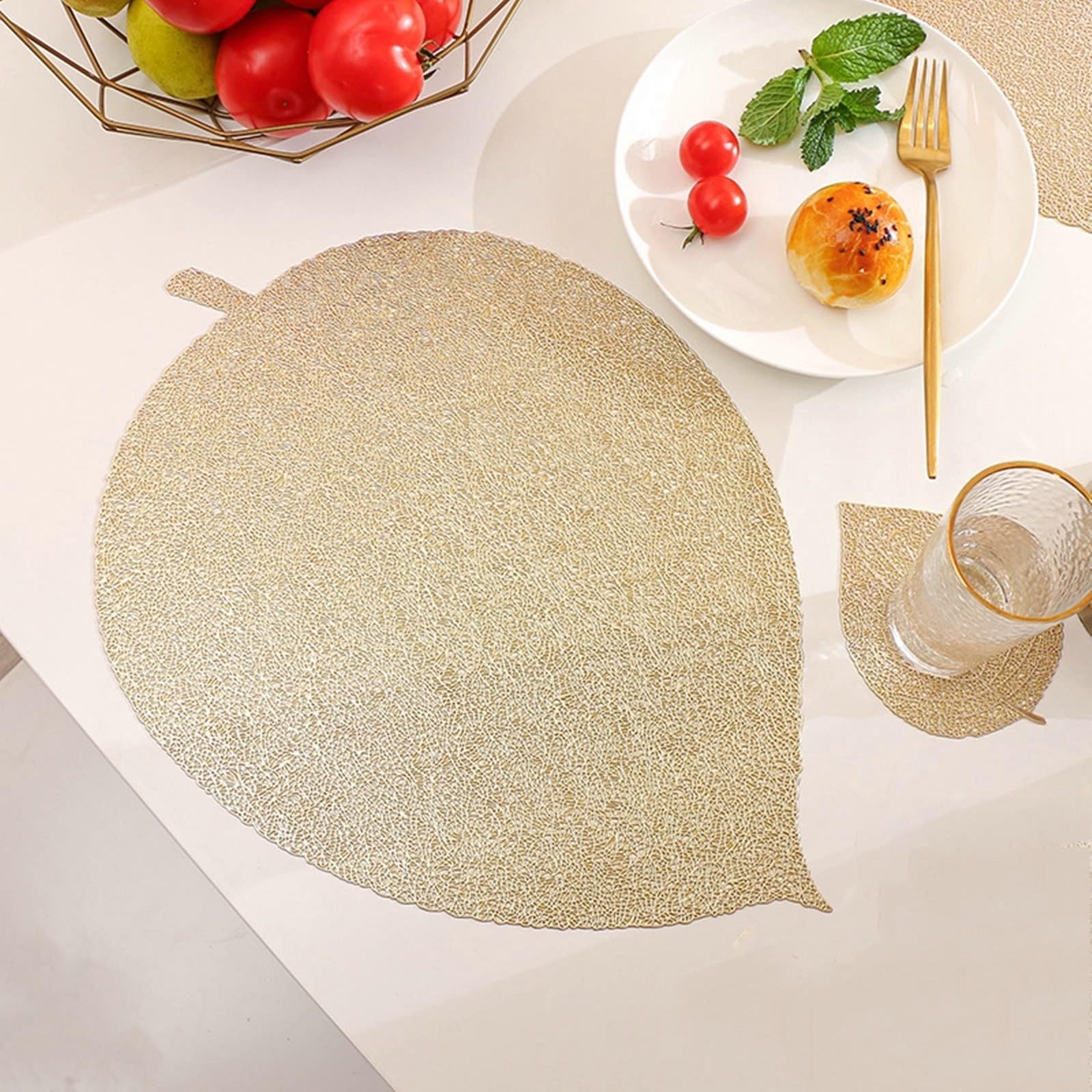 Placemat Juego de 6 manteles individuales dorados con forma de hoja 36 x 38 cm para cocina y comedor