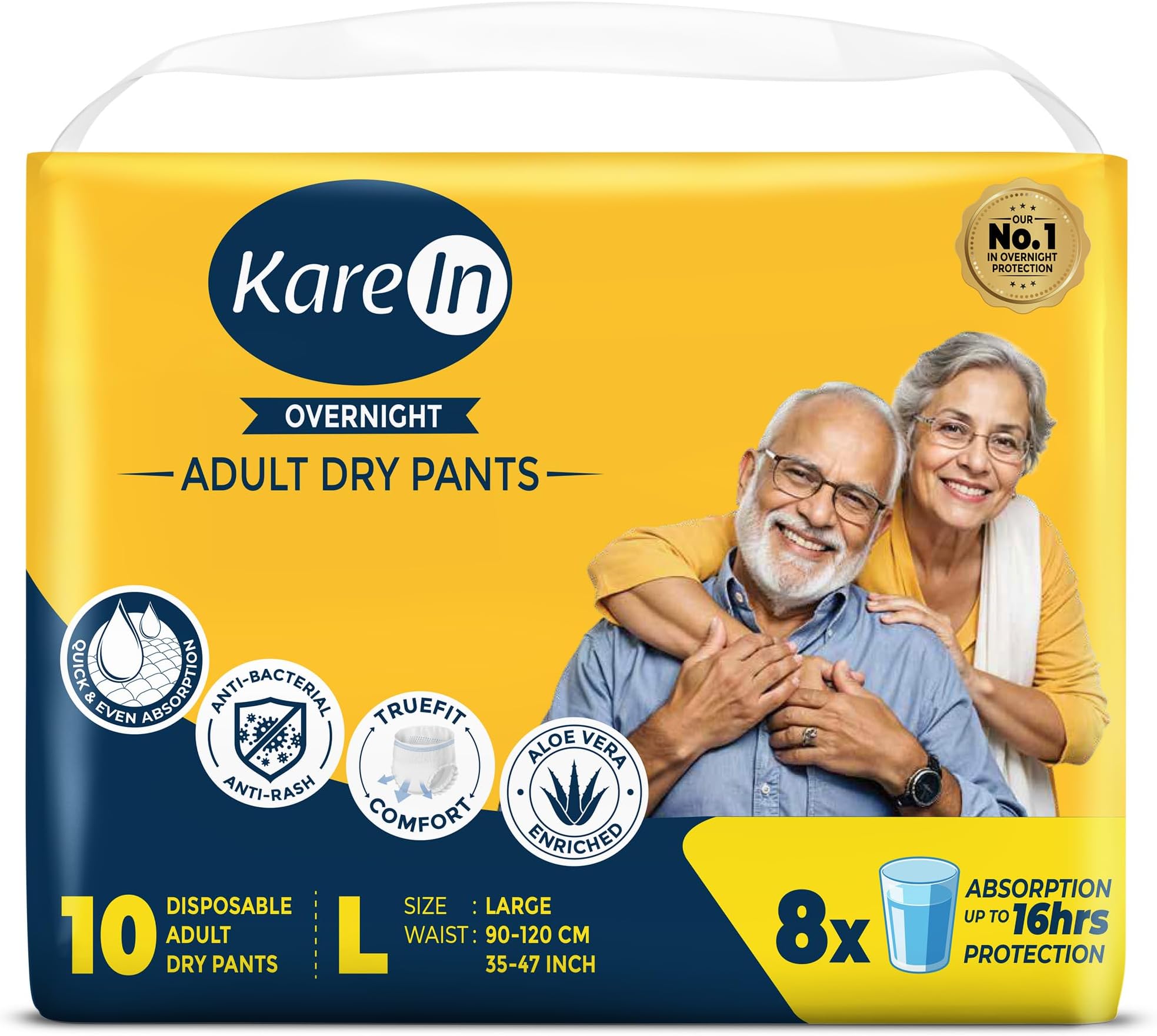 KareIn Overnight Adult Diaper Pants, Large 90 - 120 Cm (35"- 47"), Unisex, Leakproof, Elastic Waist, With Aloe Vera Lotion, Anti-Bacterial, ADL, Wetness Indicator, 10 Count
