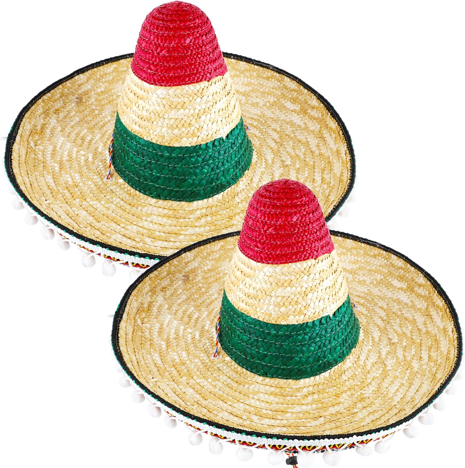2 Packs Mexican Sombrero Hat Large Sombrero Straw Hat with Ball Fringe for Adults Teens Carnival Mexican Theme Party Decorations