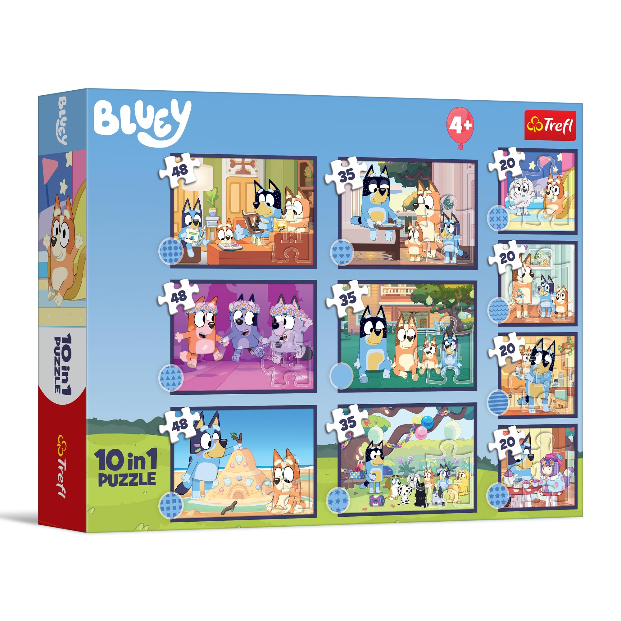 Trefl - Puzzle 20-48 Elementów, 10w1: Historia Bluey, 4+ | 10 Układanek, Różny Stopień Trudności, Rozwój Koncentracji i Spostrzegawczości, Wysoka Jakość, Idealny Prezent