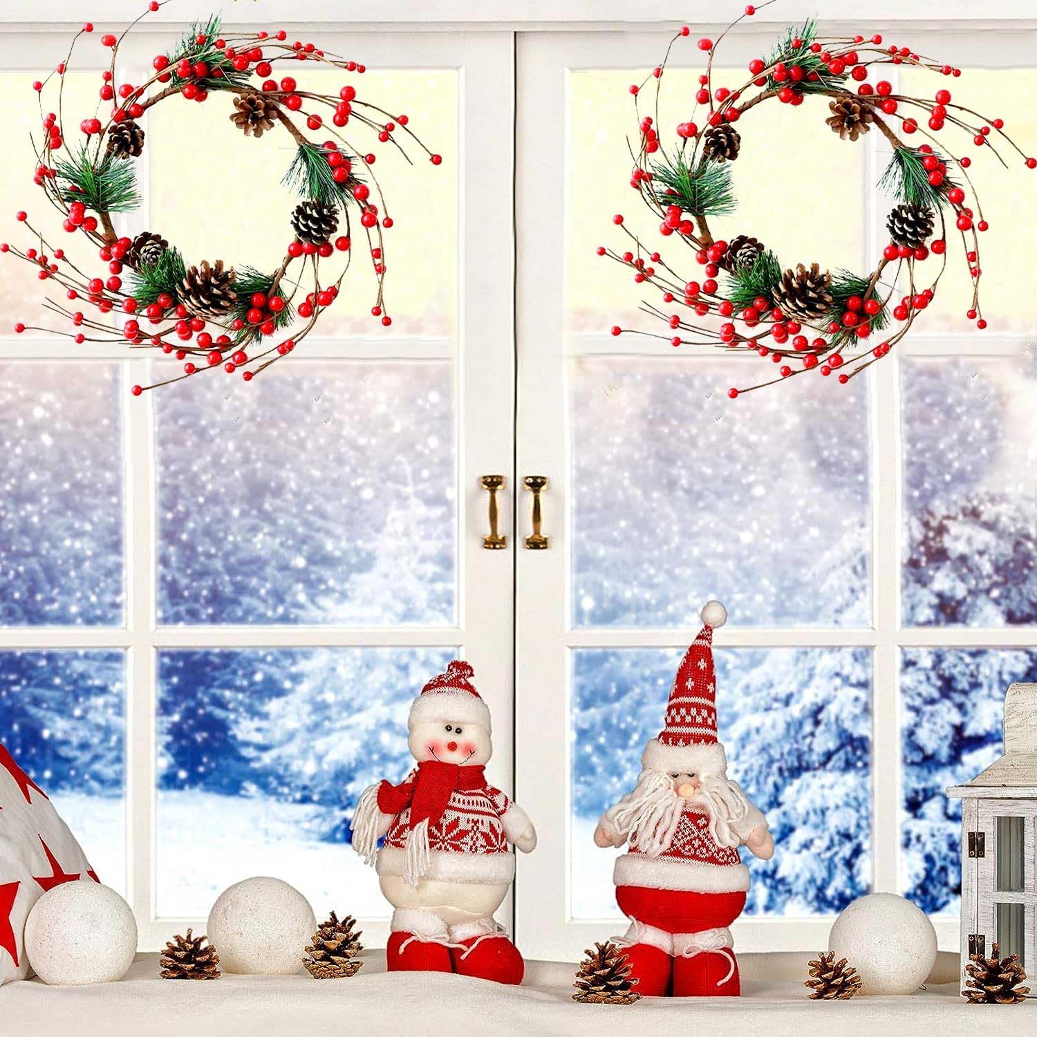 Künstlicher Weihnachtskranz, 30,5 cm, 2 Stück, handgefertigt, Rattan, kleine Weihnachtstür, zum Aufhängen mit roten Beeren, Tannenzapfen für drinnen und draußen, DIY-Weihnachtsdekoration, Wand,