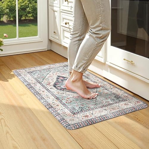 Vista 315 de KIMODE - Juego de 2 tapetes de cocina bohemios, antifatiga, antideslizantes, impermeables, ergonómicos, acolchados, cómodos, para lavandería, Caqui