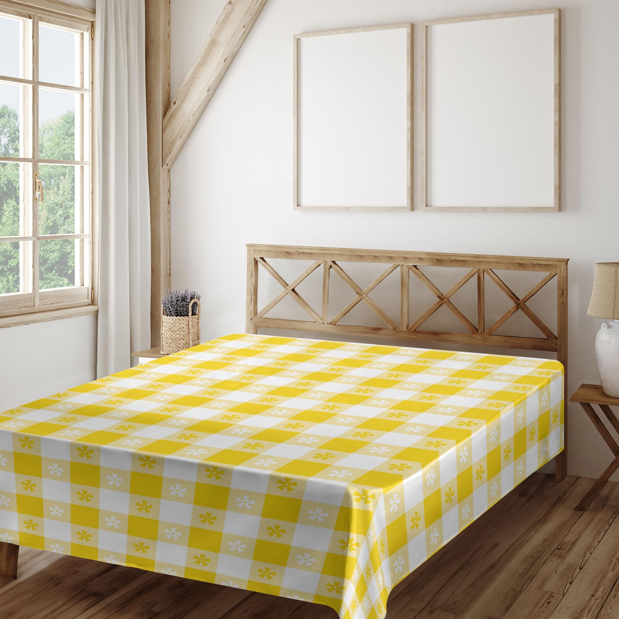 Ambesonne Yellow and White Flat Sheet, Checkered Motif with Little Spring Blooms Classic Country Picnic Pattern, Soft and Comfortable Top Sheet Decorative Bedding 1 Piece, Full Size, Yellow White