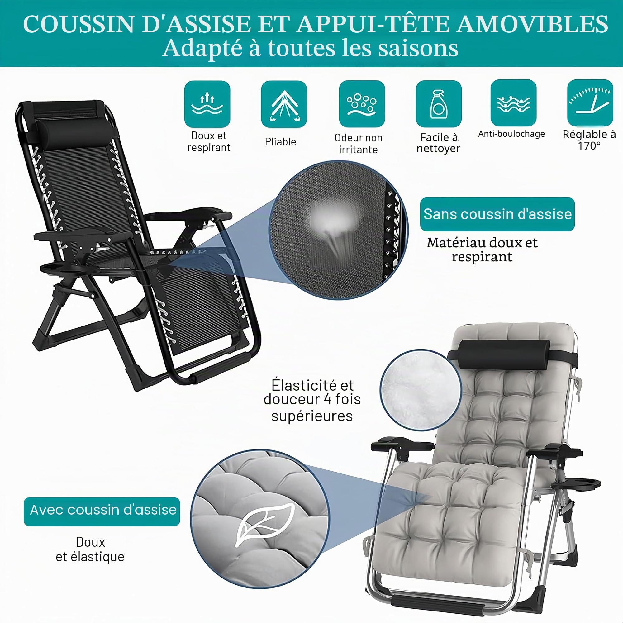 Chaise Longue Pliante Jardin 84cm - Transat Pliable Exterieur Plage Charge 240kg, Fauteuil Relax Jardin avec Coussin, Gobelet et Housse, Bain de Soleil Inclinable pour Terrasse, Piscine ou Patio