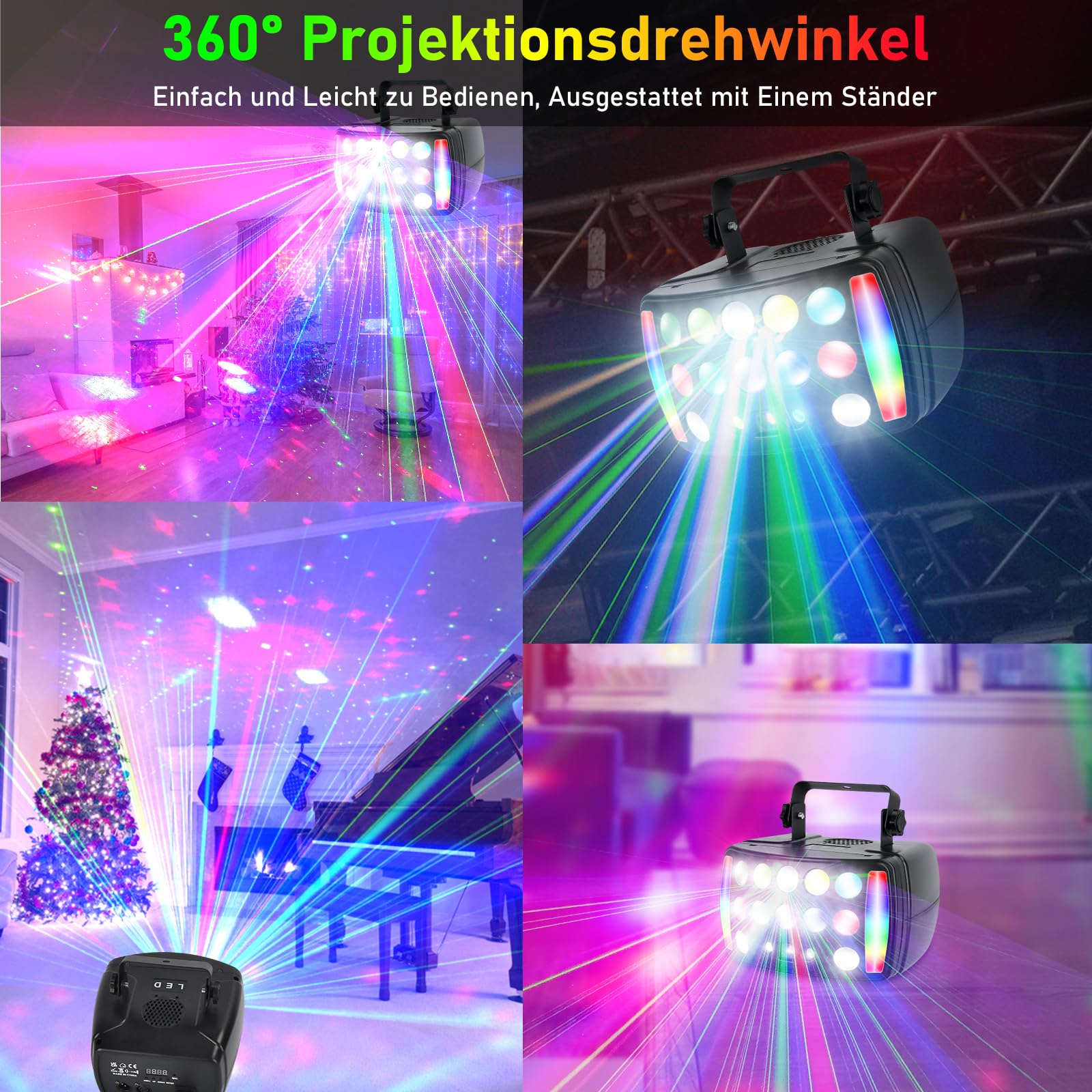 Lumière Disco de Fête avec Télécommande, Perles de Lampe 4 en 1, Stroboscope Disco avec Musique Contrôlée, Boule Disco avec Support à 360° pour Anniversaire de Club, Noël 50W RGB DMX 512 Derby Light
